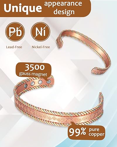 Miniatura 4 de Pulsera magnética de cobre para mujer, 99.99% de cobre puro con 3500 imanes Gauss (A)