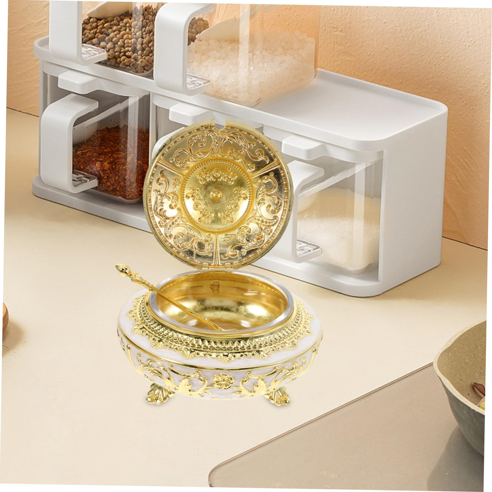 Toyvian Gewürzbehälter Hält Gewürze Frisch aus Goldener Legierung Eleganter Einfach zu Reinigen mit Deckel und Löffel als Vorratsdose im Minimalistischen Stil für Küche