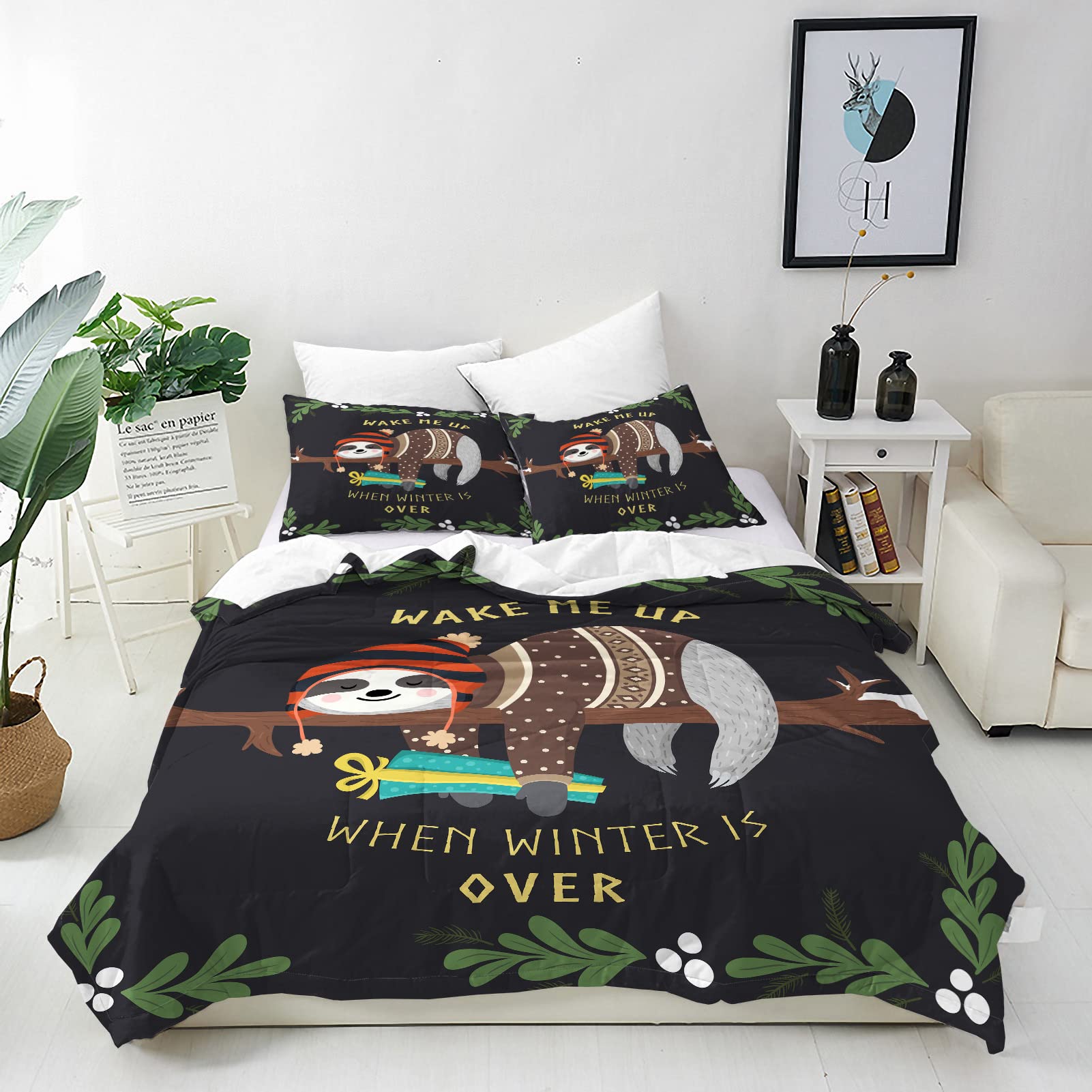 ANHOPE Sloth Duvet Cover Set Soft Comforter Cover Sleeping Animal Sloth Print Pattern 3 Piece Bedding Set with Pillowcase All Season Decor Quilt Cover with Zipper for Kids Adults Double Size — image 1