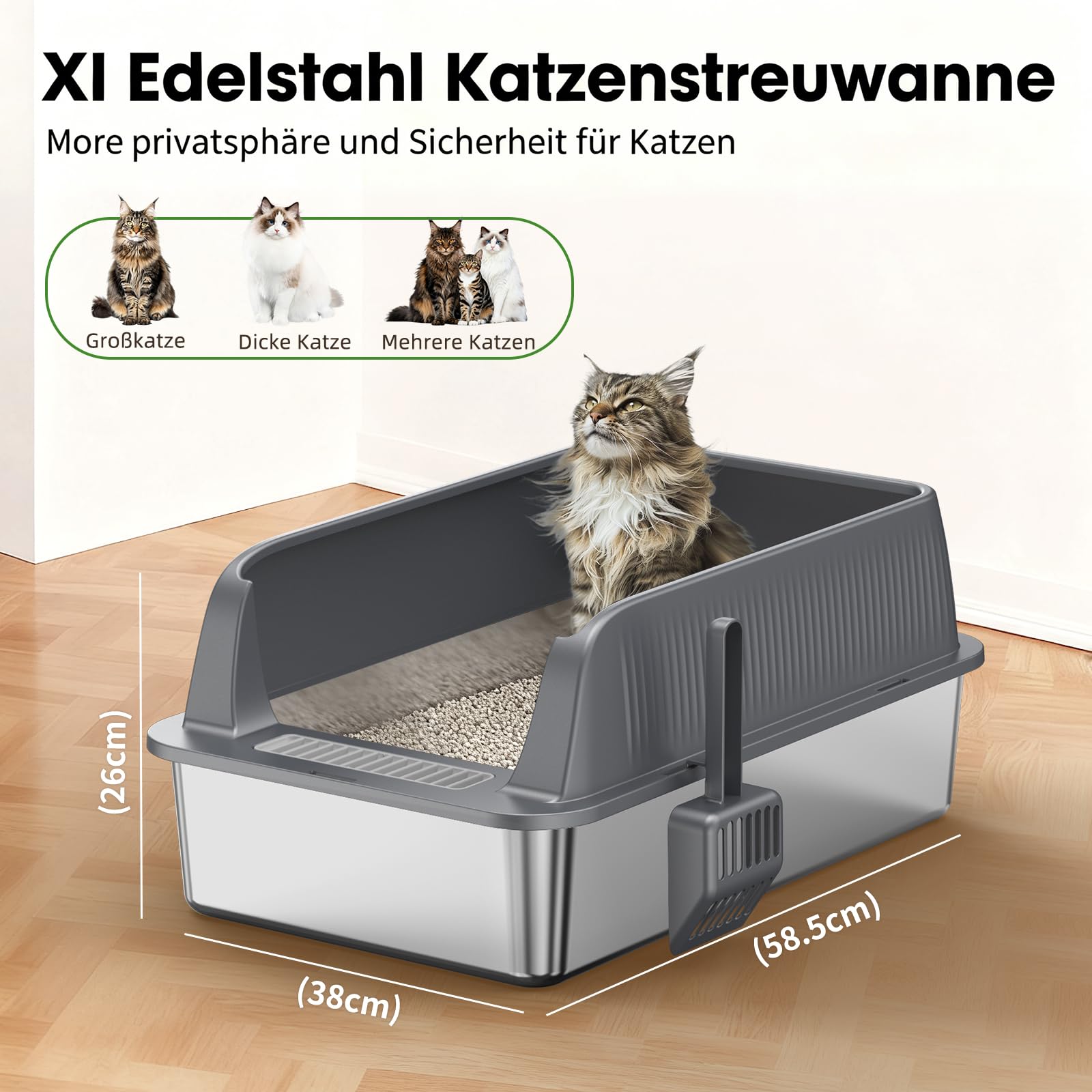 Edelstahl Offene Katzentoilette – extra große Katzentoilette mit hohen Seitenwänden für große Katzen, herausnehmbare Tiefe Wanne, inkl. Schaufel & Einstiegshilfe, Dunkelgrau, 2 Stück