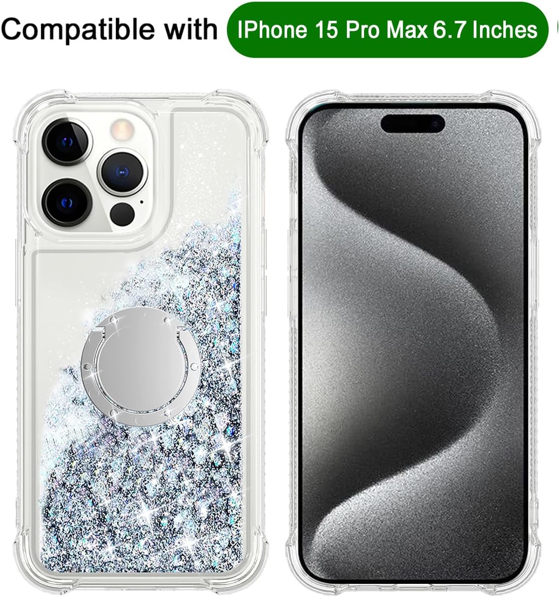 for iPhone 15 Pro Max Case,Bling Moving Liquid Floating Sparkle Colorful Glitter Waterfall TPU Protective Case with Rotation Ring Kickstand 6.7 inch, Silver - Image 2