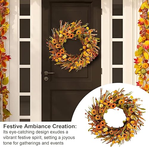 Miniatura 3 de idyllic Corona de cosecha de 20 pulgadas, margaritas amarillas y naranjas, oreja de trigo, hojas verdes, coronas de otoño para puerta delantera,