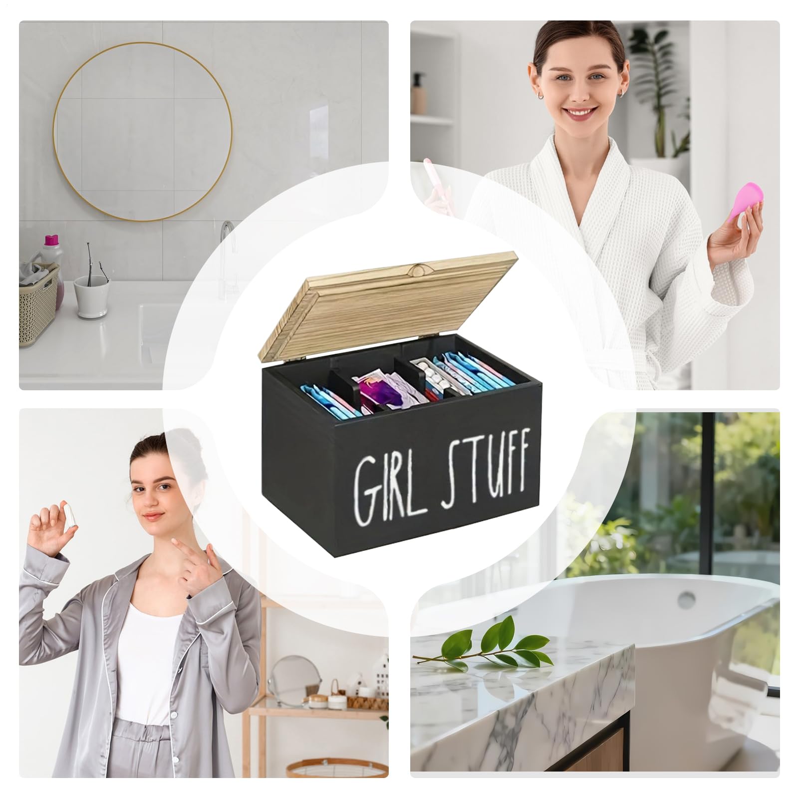 Scatola porta tamponi in legno, supporto con divisori con coperchio, organizer per l'igiene femminile per donne, tovaglioli, bagno, casa, hotel, bagno