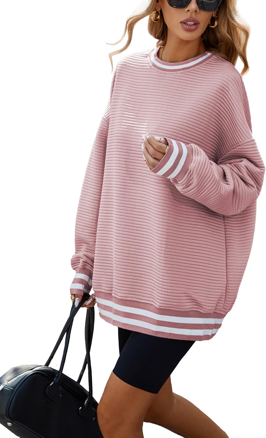 Famulily Women’s Oversized Fall Winter Sweatshirts Long Sleeve Pullover Tops Casual Crewneck Striped Top