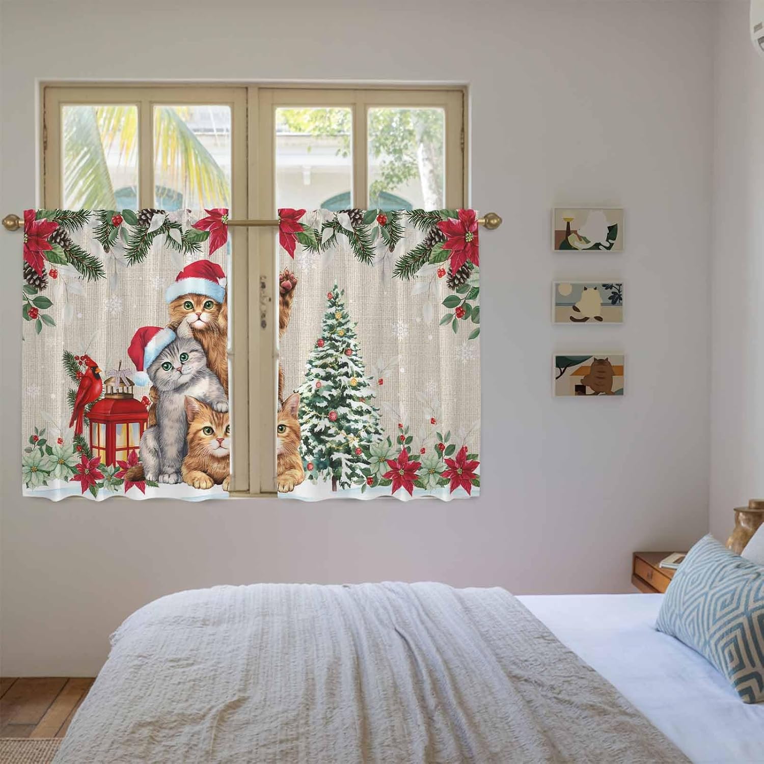 Christmas Cats Kitchen Tier Curtains 45 Inch Long 2 Panel Set,Rod Pocket Short Window Treatment,Xmas Tree Poinsettia Botanical Linen Texture Curtains & Drapes for Bathroom Basement 27.5"W x 45"L