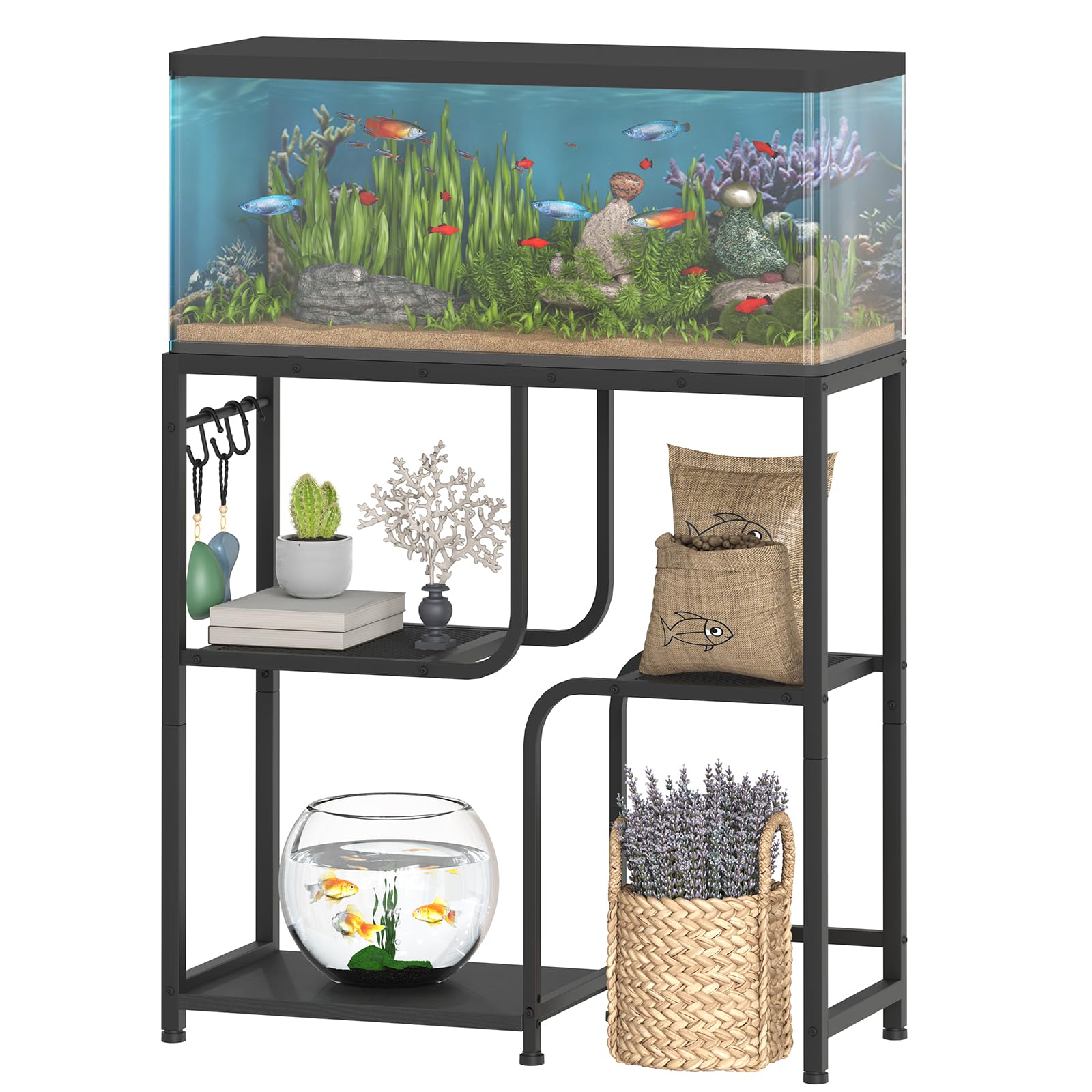 HOOBRO Supporto per Acquario da 76 L, Supporto per Terrario con Barra Appendiabiti e 3 Ganci a S, 6 Piedini Regolabili, 2 Ripiani in Rete e 1 Mensola, Nero EBB74FT01