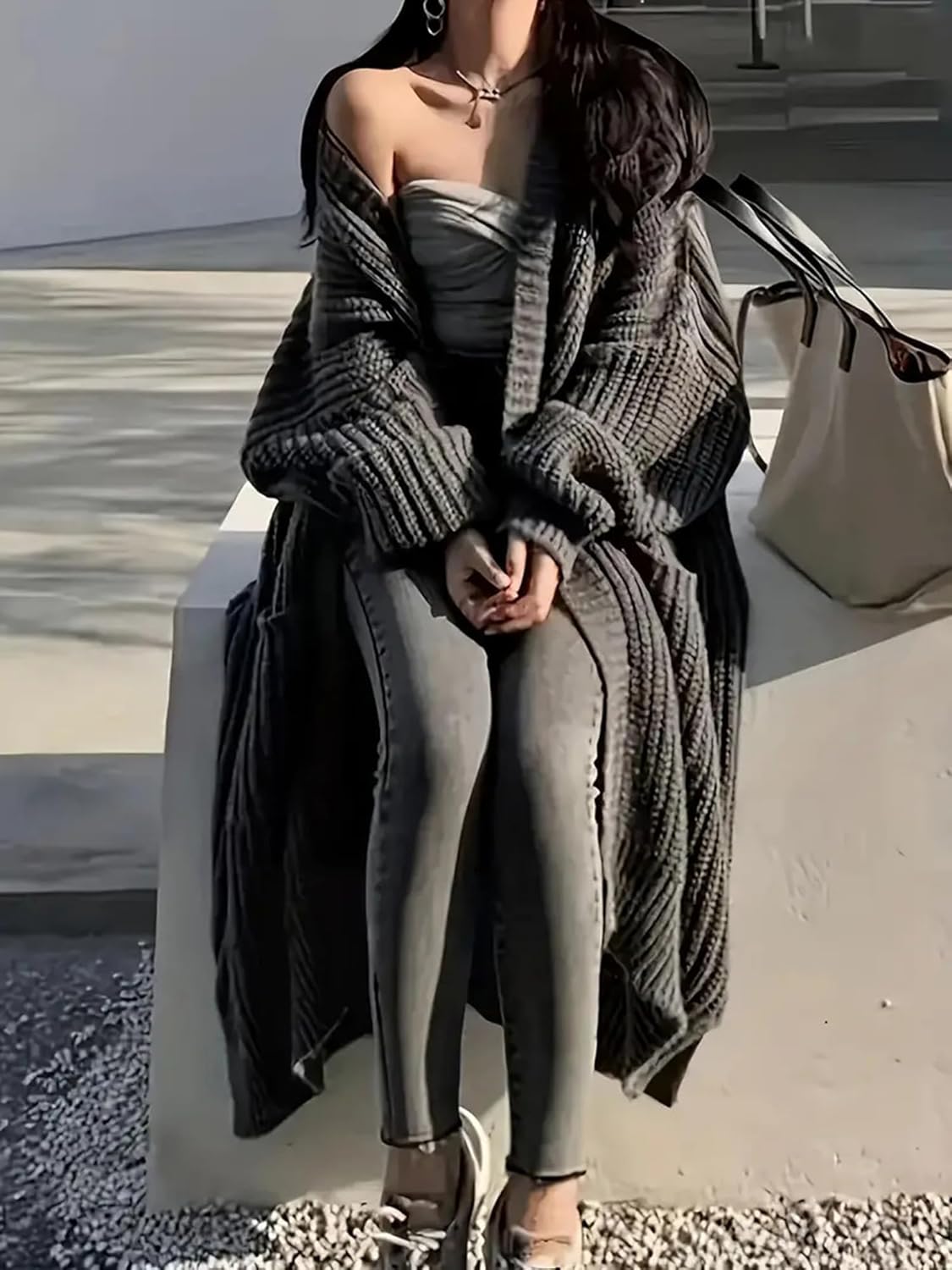 Women's Plus Size Oversized Long Cardigan Sweaters Chunky Knit Open Front Duster Coats with Pockets Winter Outwear - Image 2