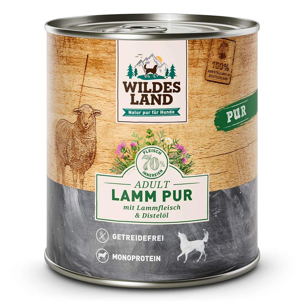 WILDES LAND – Wild | Nassfutter mit extra hohem Fleischanteil und natürlichen Zutaten für ausgewachsene Hunde. Alleinfutter ohne Zusatzstoffe in der Dose | 6x800g Wild