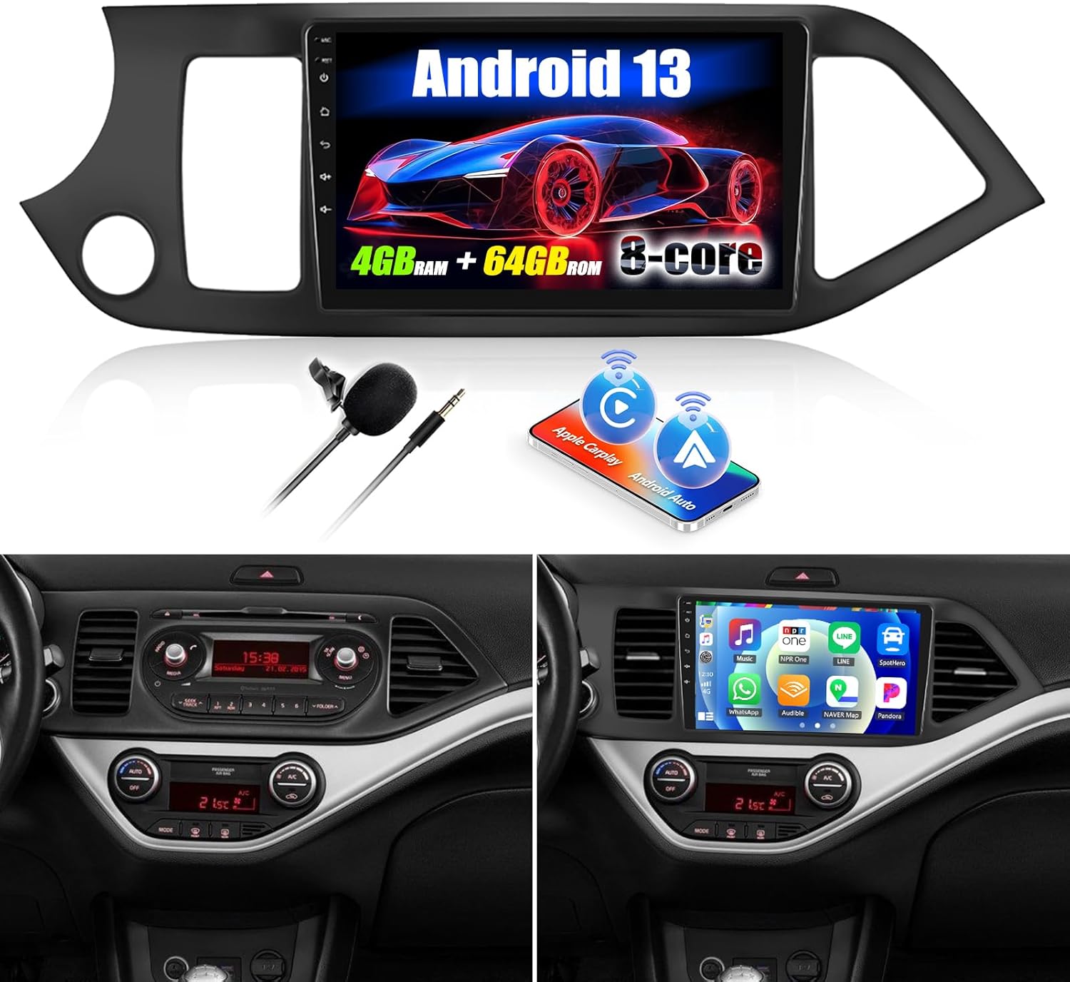 [8 Core] 4+64G SIXWIN Android 13 Car Radio for KIA Picanto 2012-2016 with CarPlay/Android Auto/DSP, 9 Inch Screen, Touch Display with WiFi, Bluetooth 5.0, USB, FM, RDS Radio, Mirror Link + 32 Band EQ