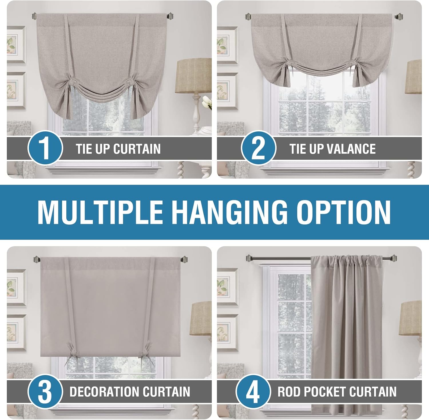 H.VERSAILTEX Linen Tie Up Curtains Thermal Insulated Waterproof Balloon Roman Shade Light Filtering Adjustable Bathroom Rod Pocket Panel for Small Window,42in Wide by 63in Long,Heather Taupe