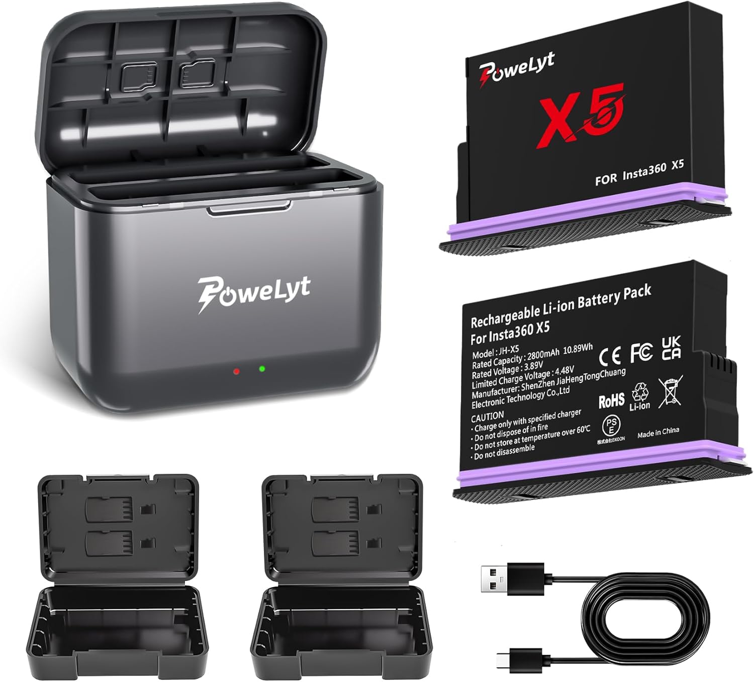360 X5 Battery 2 Packs 2800mAh Waterproof 360X5 Batteries and 2 Channels 360X5 Charging Station with Protection Case Can Store Micro SD Card Fully Compatible with Insta360 X5 Action Camera