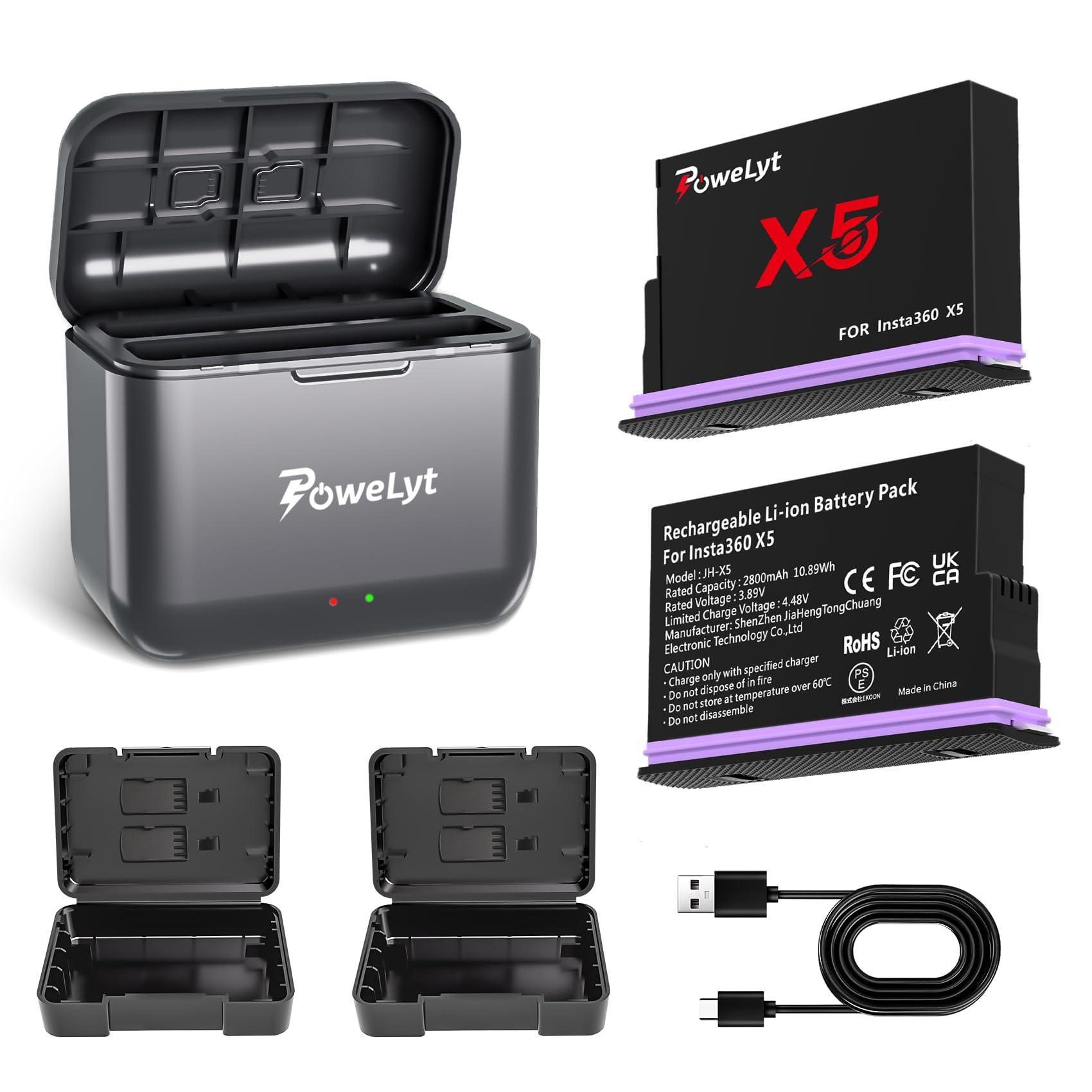 Zestaw ładowarek 360 X5, 2 opakowania 2800 mAh wodoodporne baterie X5 i 2-kanałowa ładowarka do baterii X5 z etui na baterie, może pomieścić kartę Misro SD w pełni kompatybilny z kamerą