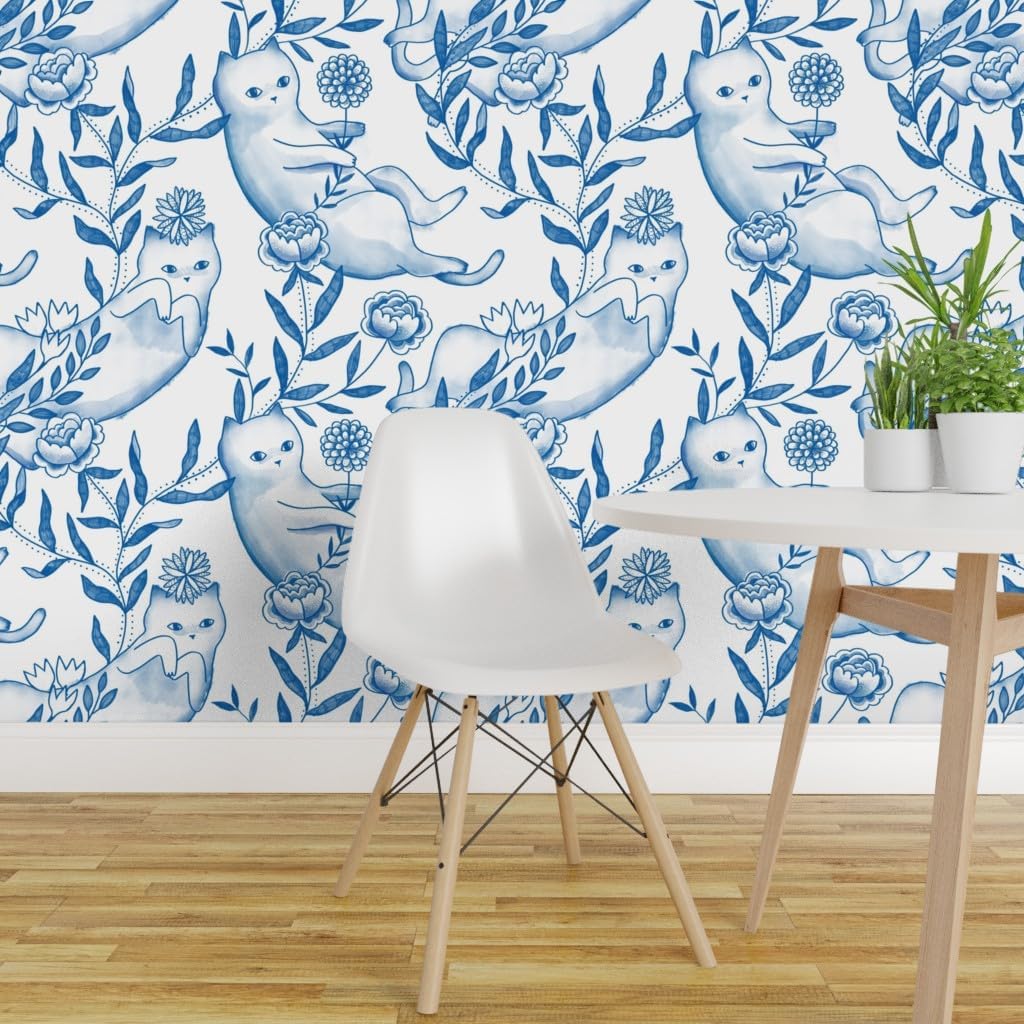 Removable Wallpaper 6ft x 2ft - Cute Playing Cats Blue White Floral Flowers Leaves Pets Kittens Custom Pre-Pasted Wallpaper by Spoonflower