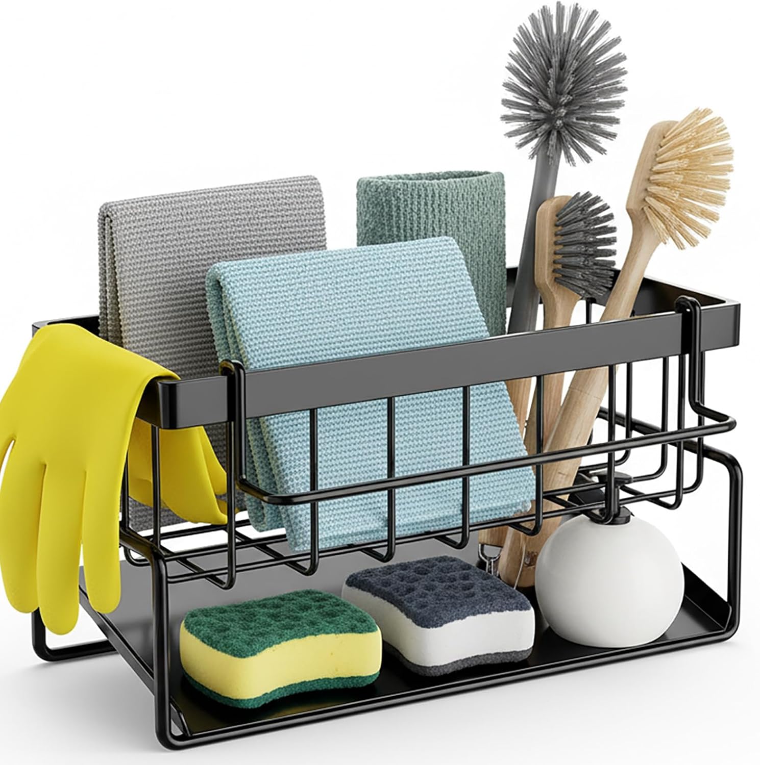 1-Pack Kitchen Sponge and Brush Holder, ​Sink Caddy Organizer, ​Self-Drain Tray, ​Rustproof Stainless Steel​ for ​Kitchen Sink Organization​ (Black) - Amazon product rated Grade B