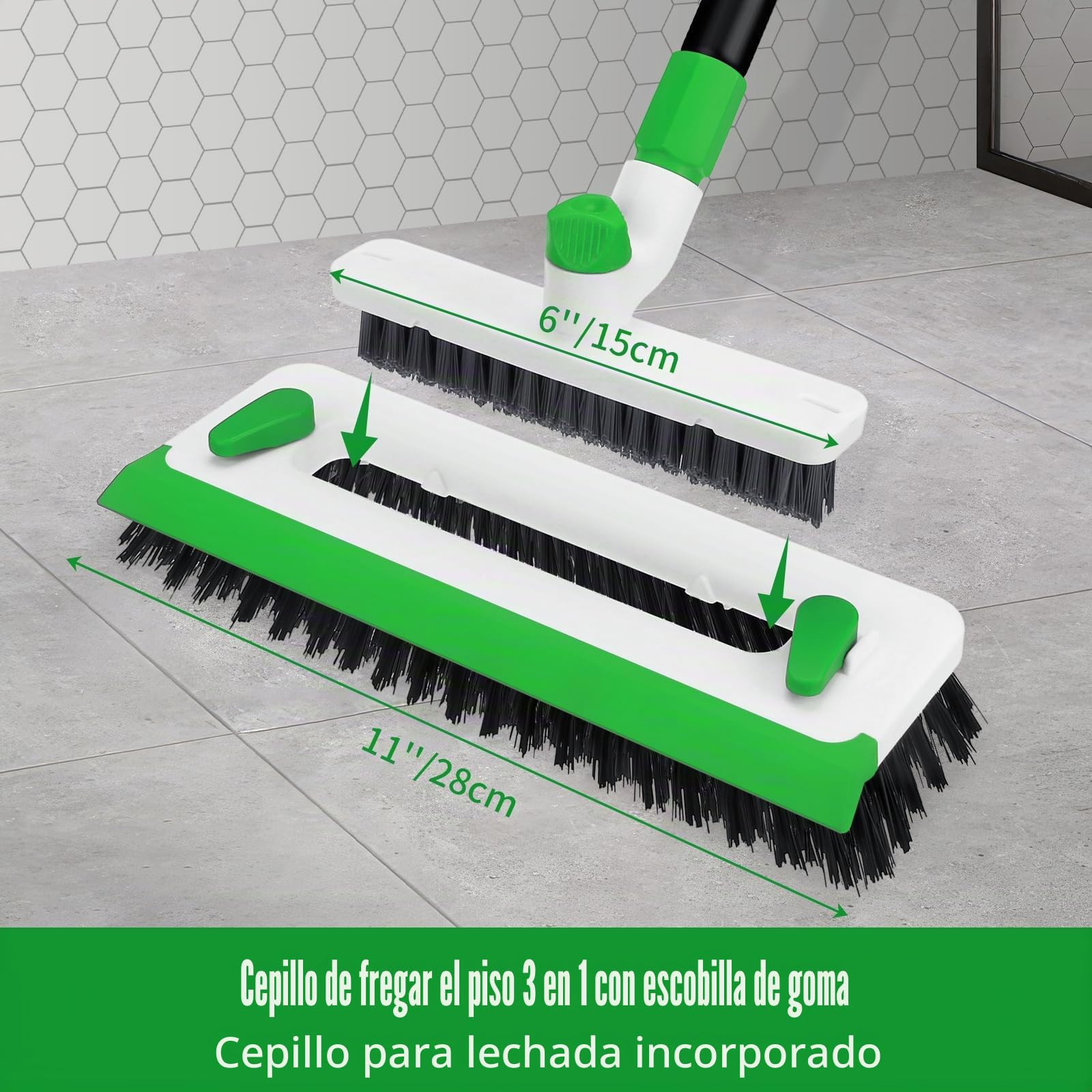Qaestfy Cepillo Limpieza Hogar con Mango Largo 3 en 1 y escobilla de Goma 140 cm Cepillo para Juntas para Limpiar baño, Patio, Garaje, Pared, Cepillo de Limpieza de Azulejos Verde