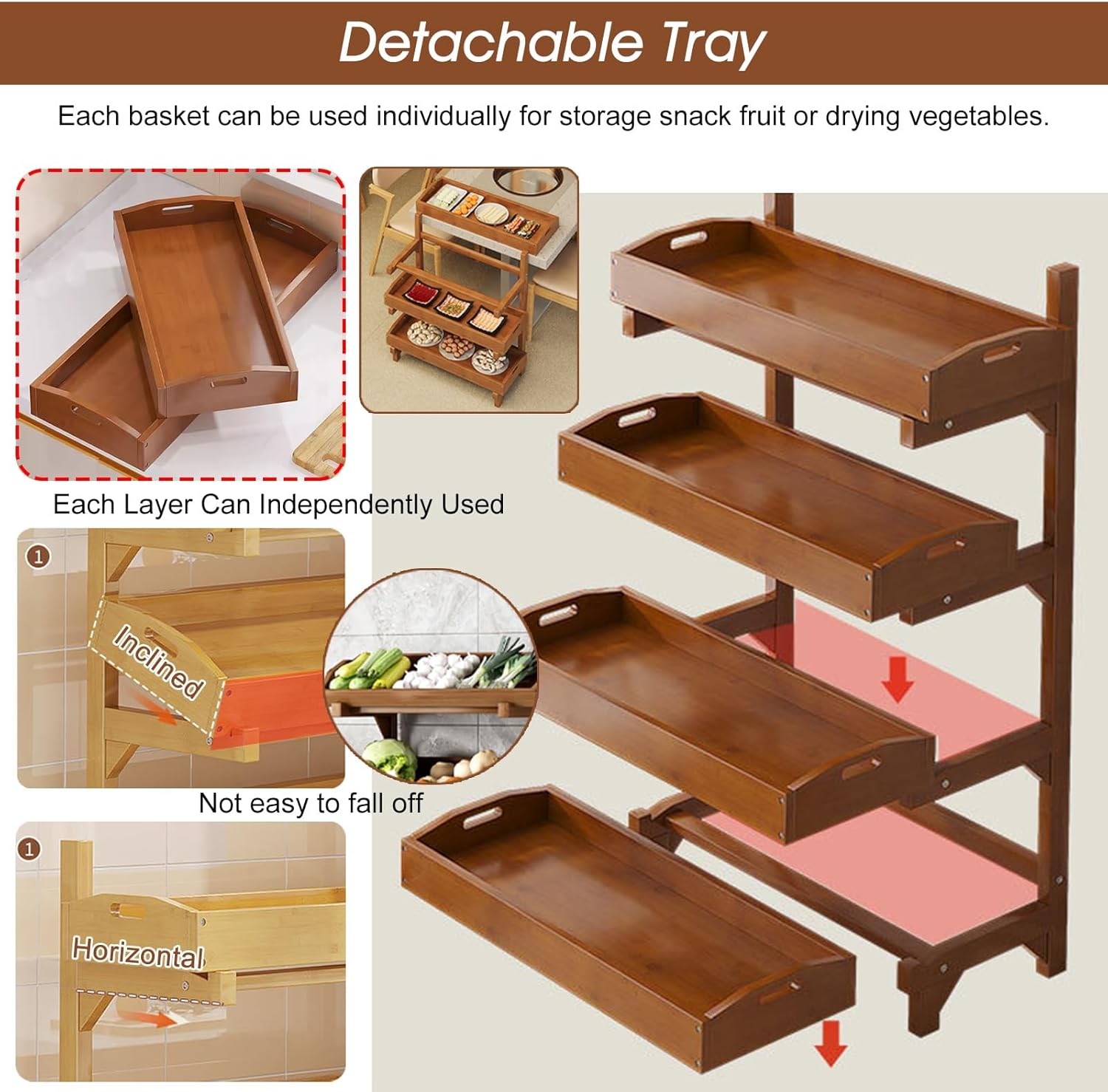 Commercial Snack Shelf Display Stand, 3-Tier Wooden Vegetable & Fruit Storage Rack with Guardrails, Free-Standing Supermarket Snack Organizer for Home, Kitchen, Pantry