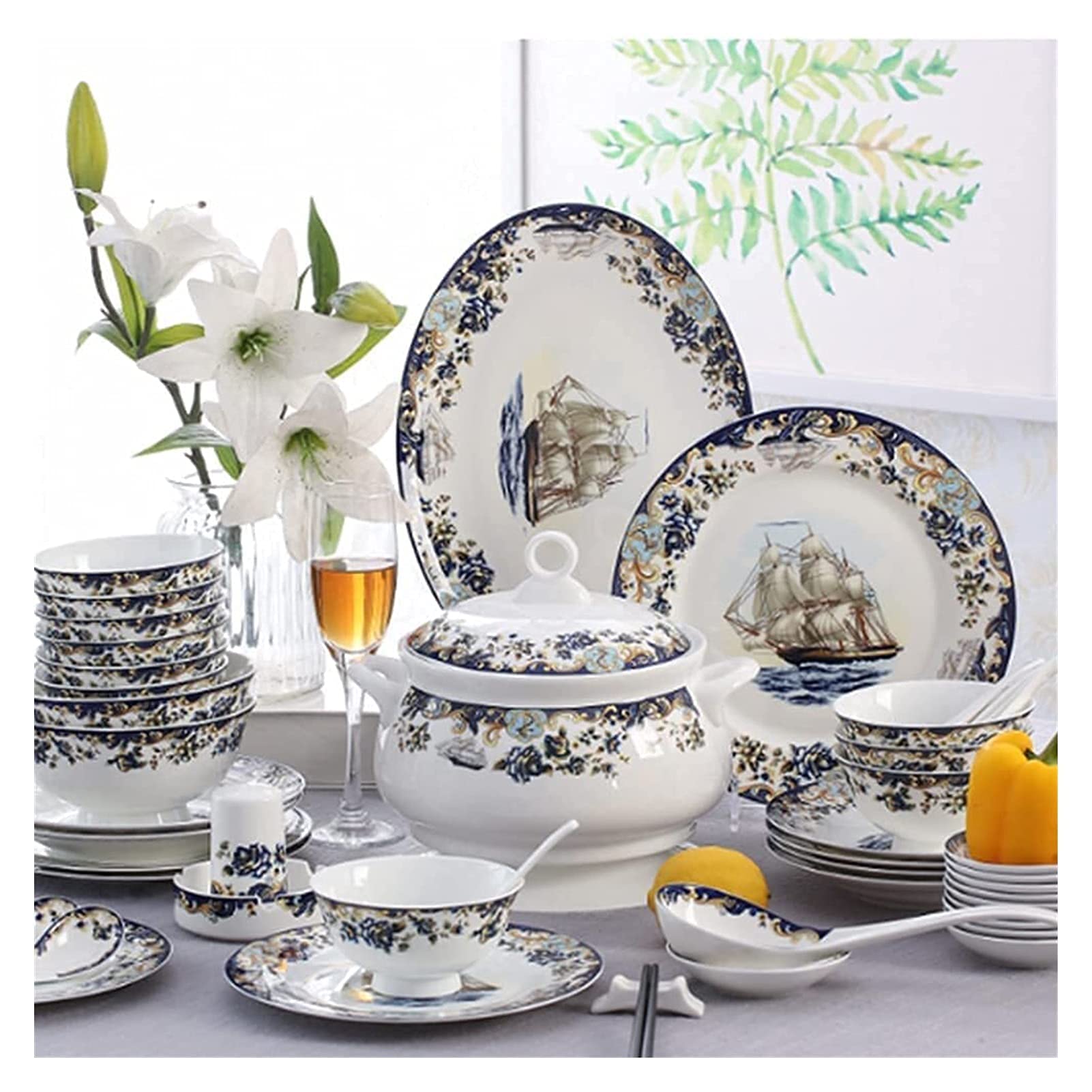 Zestawy zastawy stołowej zestaw naczyń, 58 szt., porcelana kostna porcelanowa zastawa stołowa zestaw z talerzami miseczkami i naczyniami, wzór żaglówki ceramiczny zestaw obiadowy (