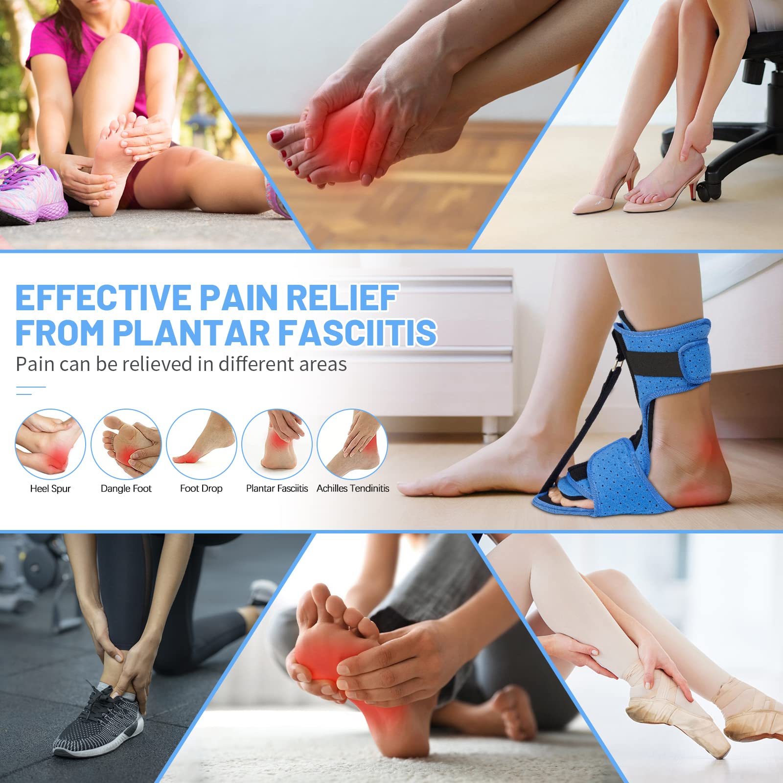 Acankn Plantar Fasciitis Night Splint: Adjustable Brace with Arch Support | Dorsal Night Splint for Women Men | Dual Effective Relief Achilles Tendonitis Foot Drop Heel Pain Black-Blue