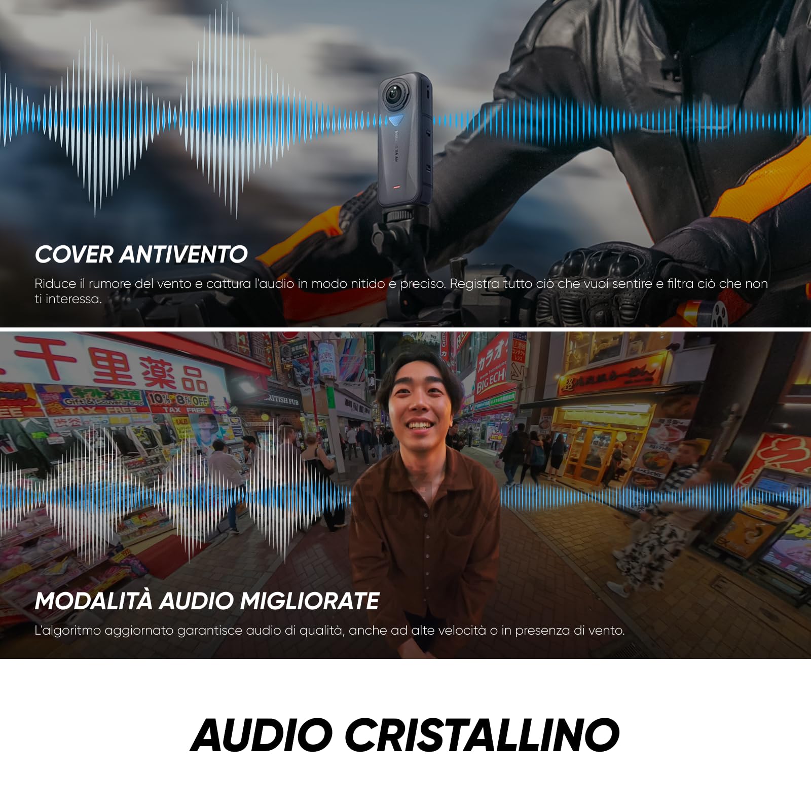 Insta360 X4 Air Pack Starter Nero grafite- Videocamera leggera 165g 8K 360, selfie stick invisibile, lenti sostituibili, prima registri poi inquadri, cover antivento integrata.