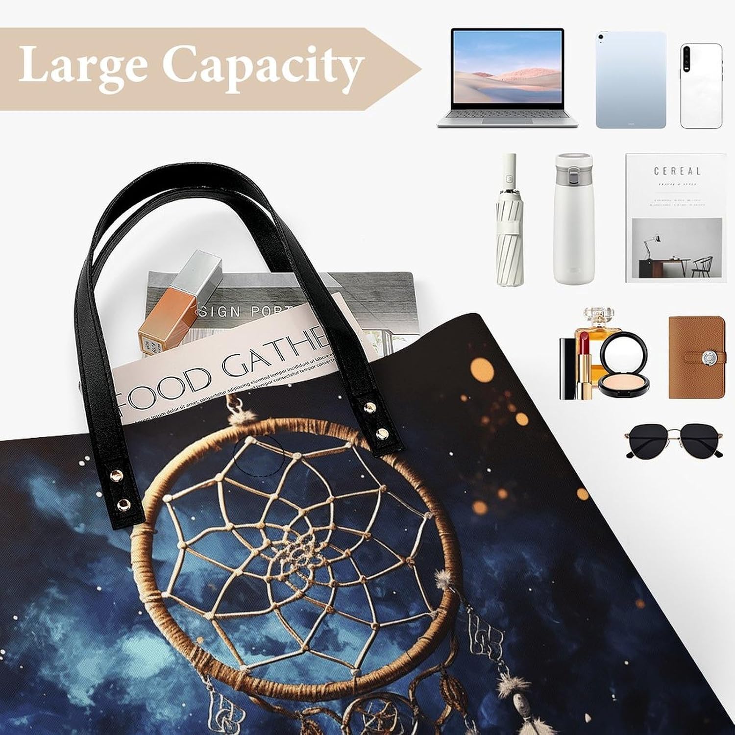 White Fantasy Dream Catcher Tote Bag with Magnetic Buckle Reusable Grocery Bags Lightweight Cross Body Handbag for Daily Essentials