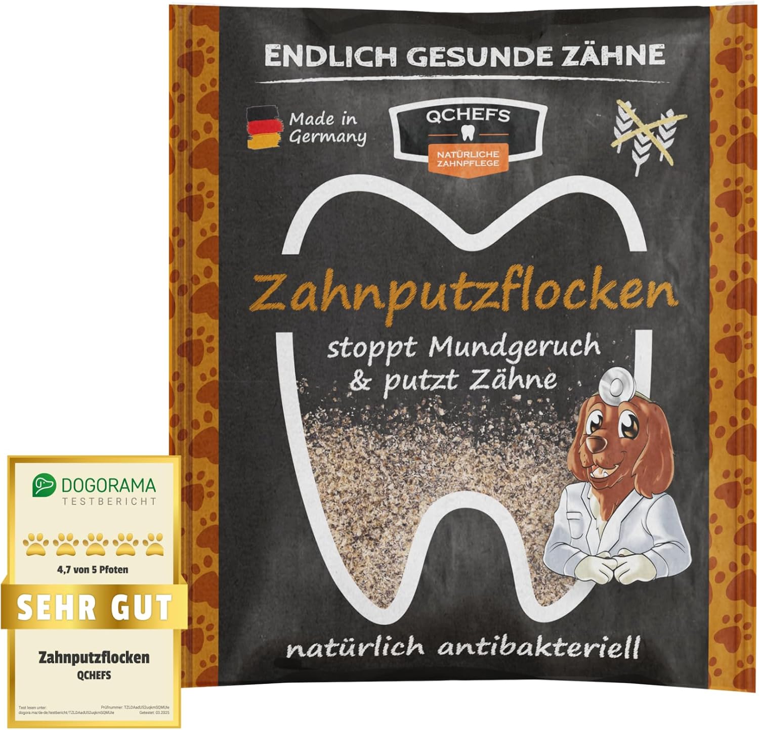 – QCHEFS Dog Dental Flakes, Natural Dental Care Against Bad Breath and Tartar Removal, in Large Bag Made Only of Paper, Plastic-Free and Recyclable