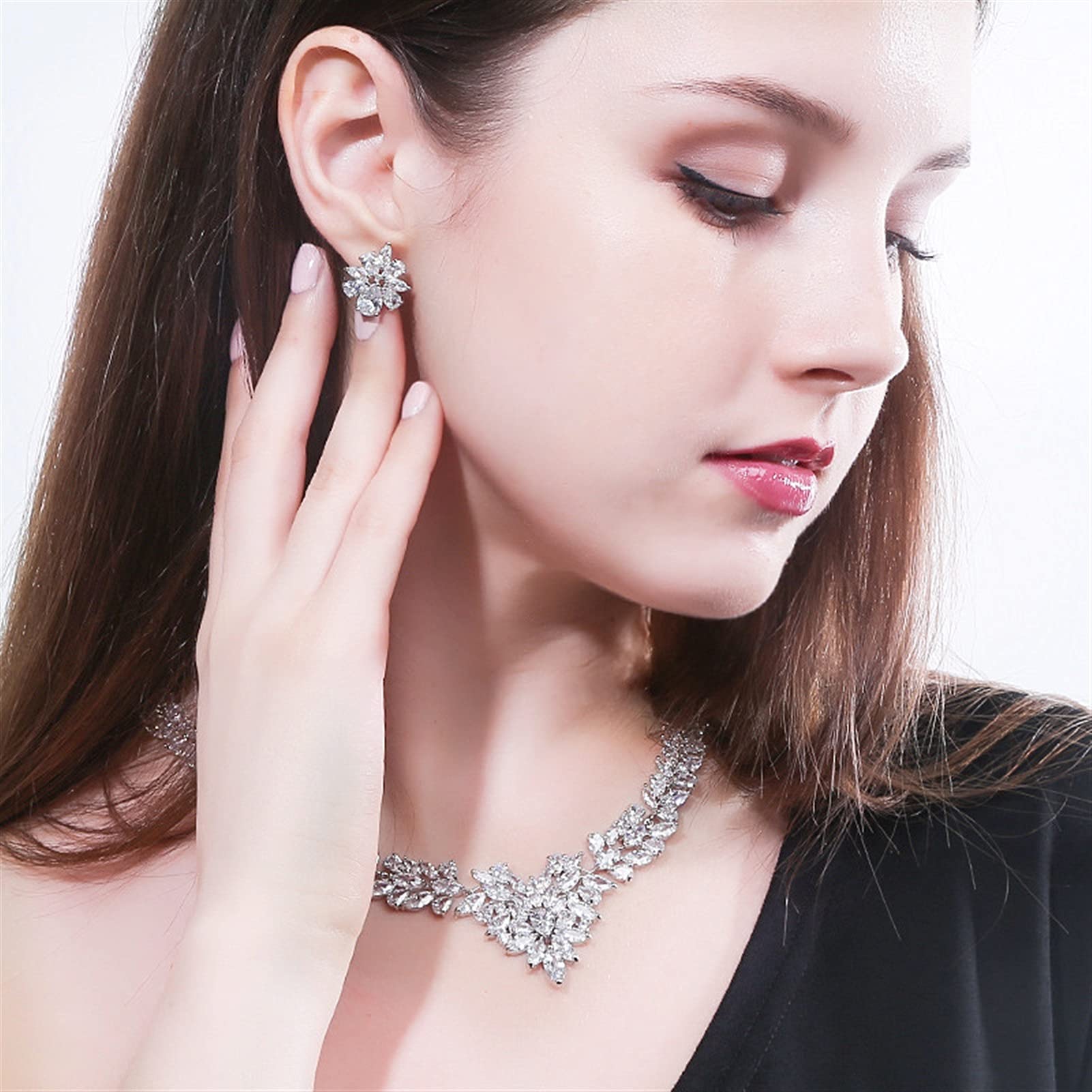 Joyería Joyería de Traje de Fiesta de Boda Hoja Brillante Zirconia cúbica Pendientes de Perno Conjuntos de Collar