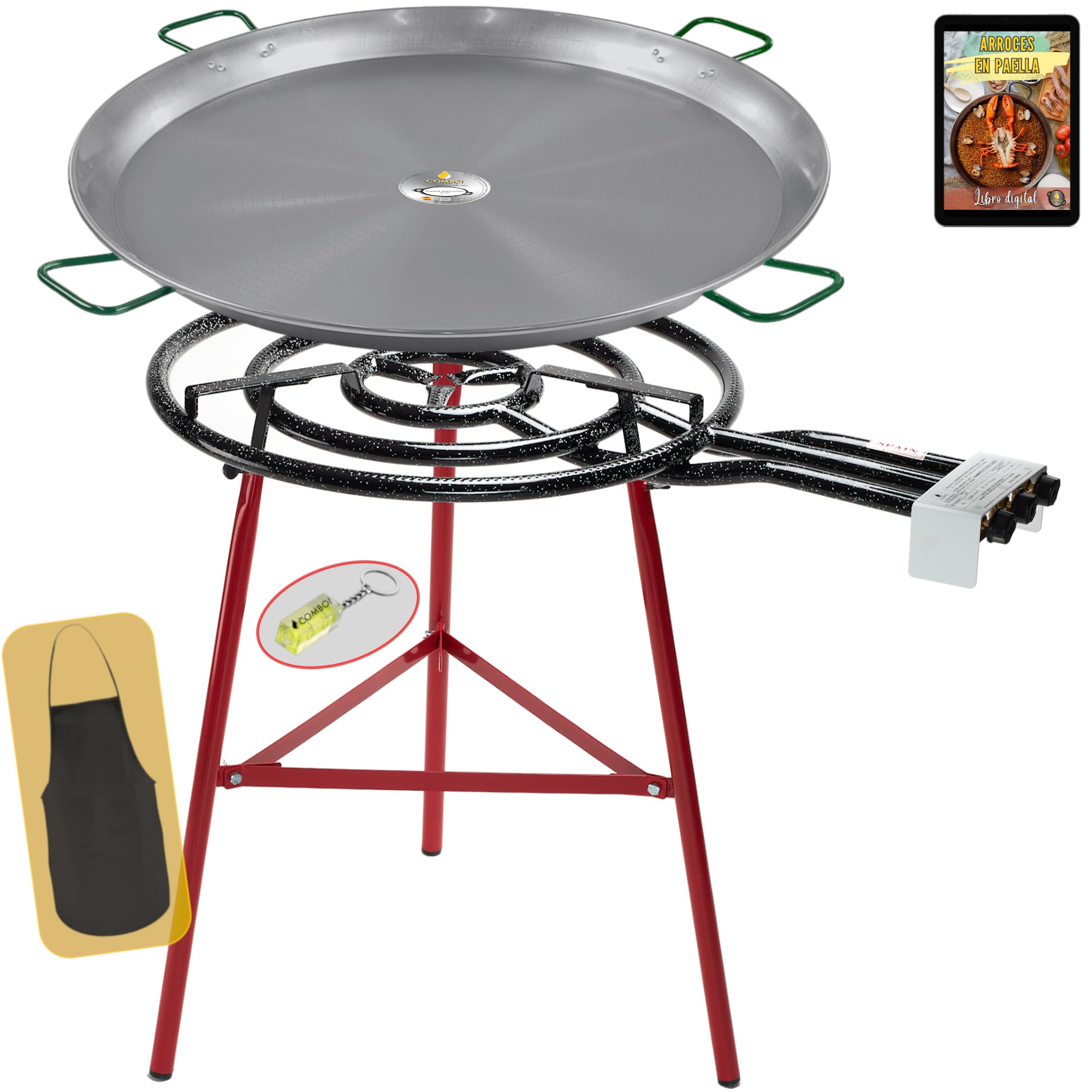 Comboi - Paellero a gas butano 70 cm, Kit Bruciatore Paellera in Acciaio Lucidato 90 cm, Supporto con Gambe Rinforzate, Livello, Grembiule, Libro di Ricette Digitale