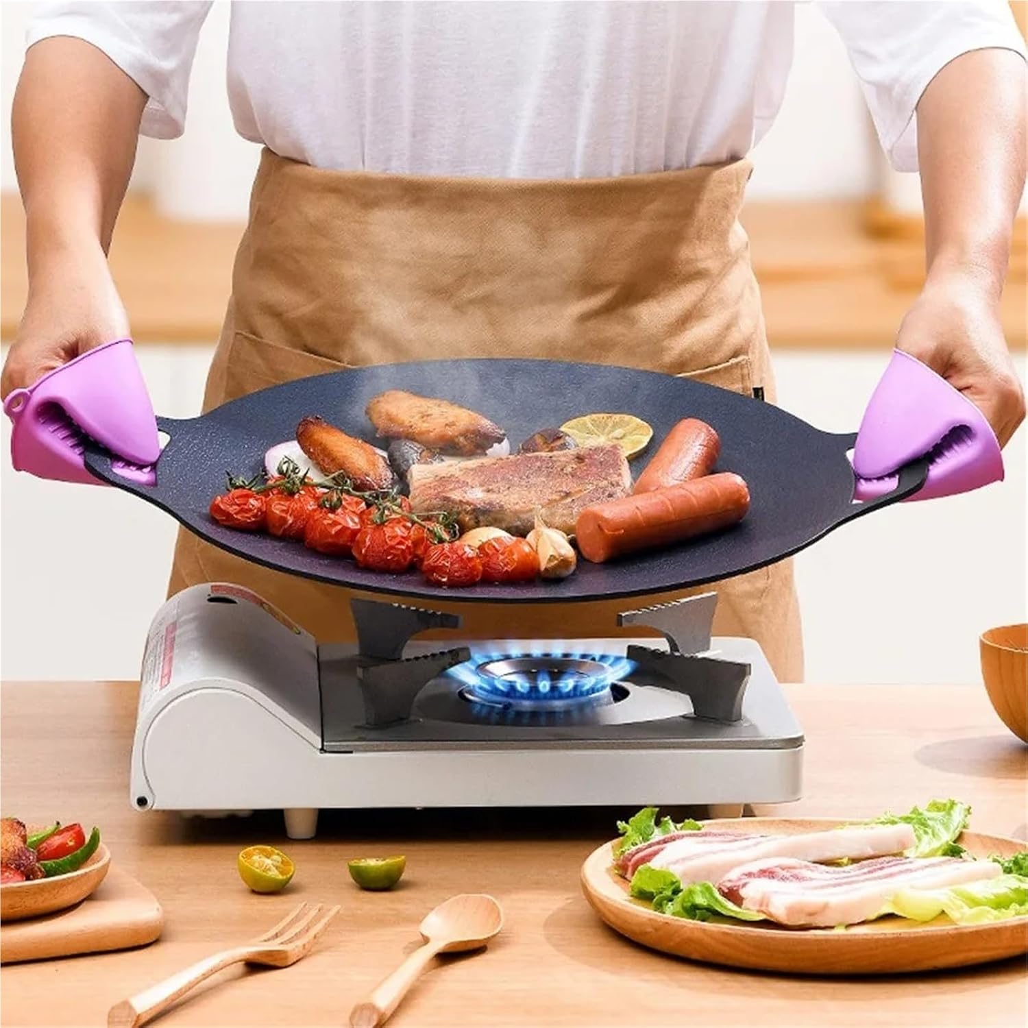 Compatible For Round Medical Stone BBQ Griddle, Marble Non-Stick Grill Pan With Handle For Camping And Outdoor Barbecue
