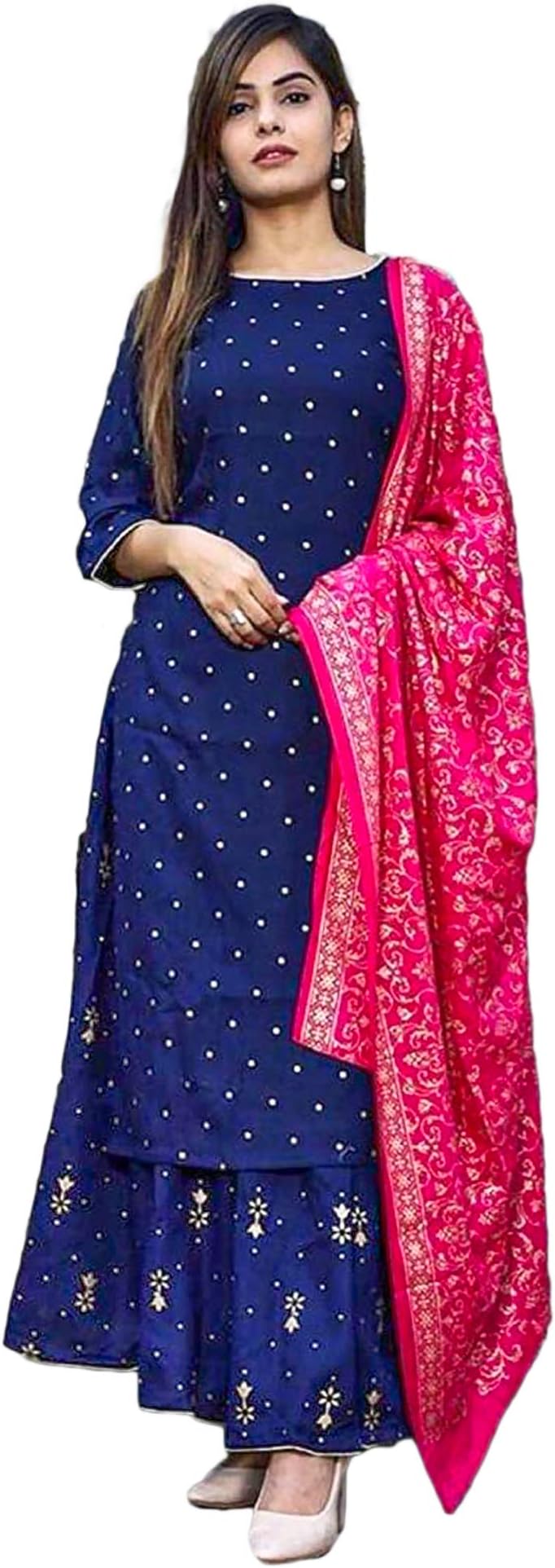 Fashion SAY Jaipuri Rajasthani Crepe Straight Kurti, Plazzo and Dupatta Set for Women & Girls Dress (Navy Blue)-P (Select Size Below for Each Product Descriptions)