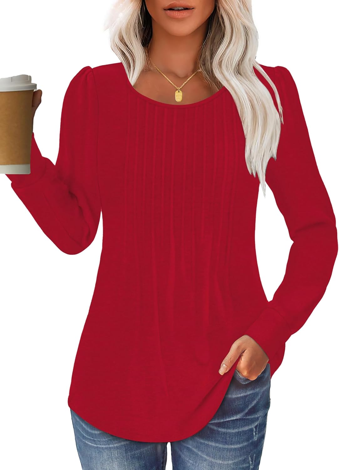 Women Long Sleeve Shirts Fall Tops Dressy Pleated Scooped Neck Tunic Tops for Leggings S-3XL