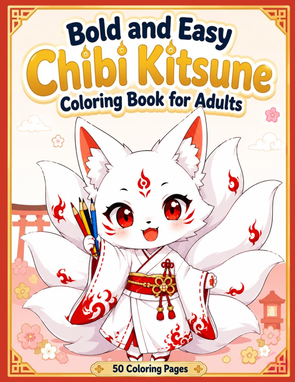 Bold and Easy Chibi Kitsune Coloring Book for Adults: Cute Japanese Fox Spirits, Kimono Kawaii Anime Art and Relaxing Simple Designs
