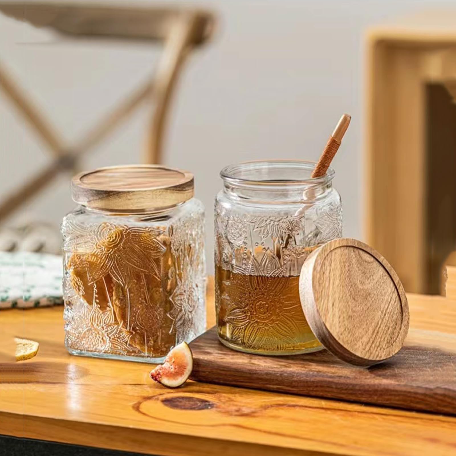 Luftdichte Vorratsdose aus Glas im Vintage-Stil, mit luftdichtem Holzdeckel, für Küchentheke, Speisekammer, Tee, Zucker, Kaffee, Teebohnen, Frischhaltedose (2 x Sonnenblume + 2 x Pflaume)