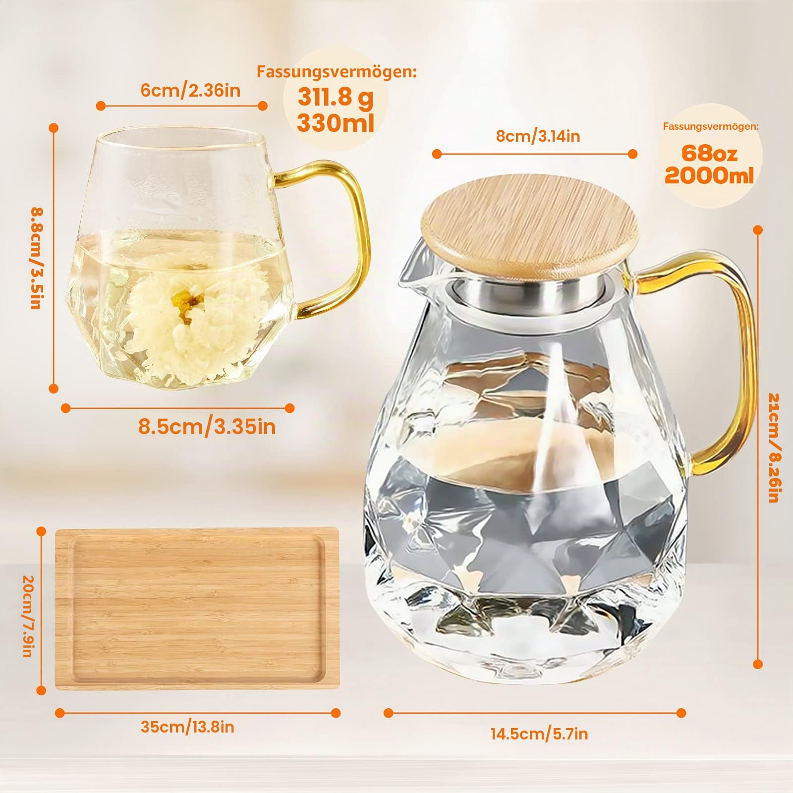 DUJUST Glaskaraffe mit Deckel 2 Liter, mit 4 Tassen, 1 Tablett, Wasserkaraffe im Modernen Diamant Design, Dekoration für das Wohnzimmer, Wasserkrug Hitzebeständig Glaskrug für Eistee/Milch/Kaffee