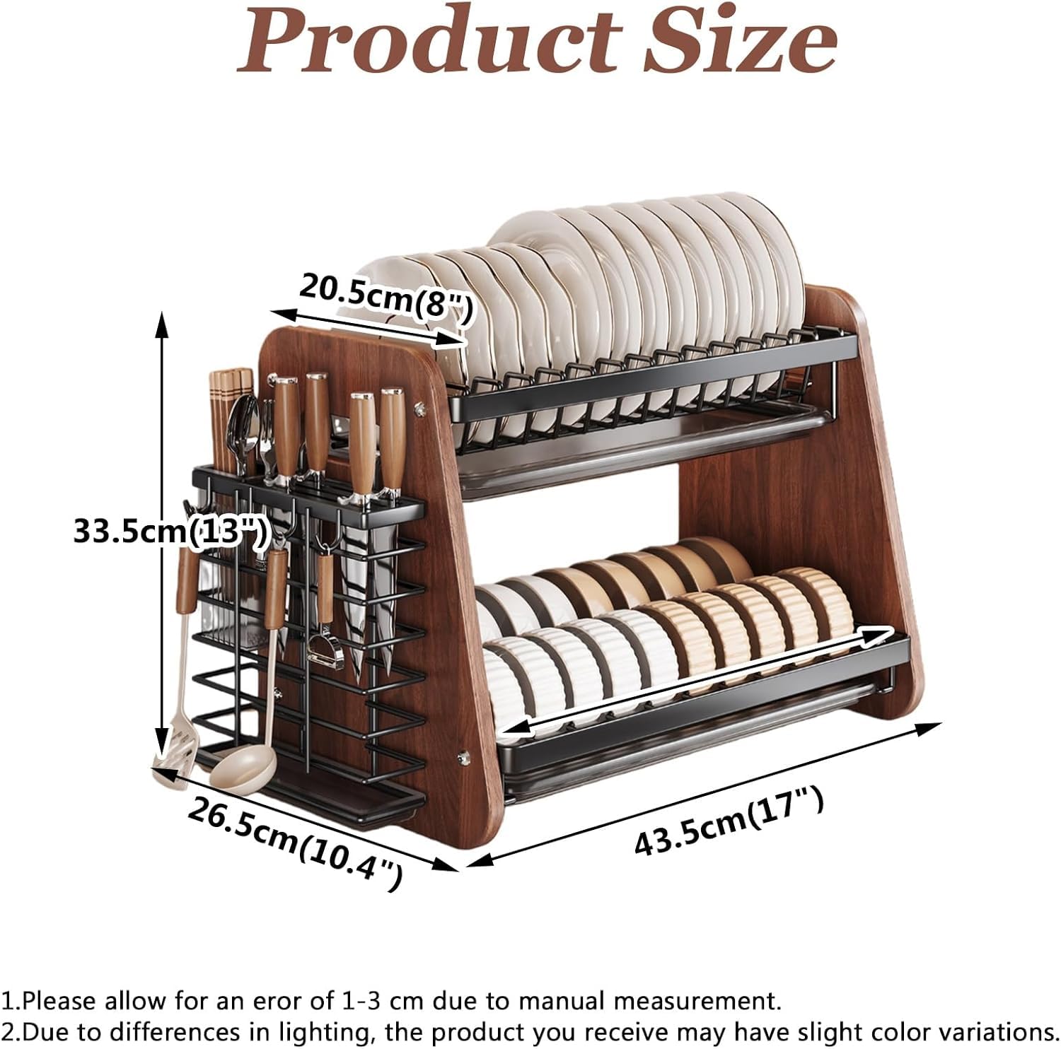 Modernes 2-stöckiges Geschirr-Abtropfgestell aus Holz, Edelstahl Abtropfständer mit abnehmbarem Besteckhalter, platzsparend für Küche(Color:A)