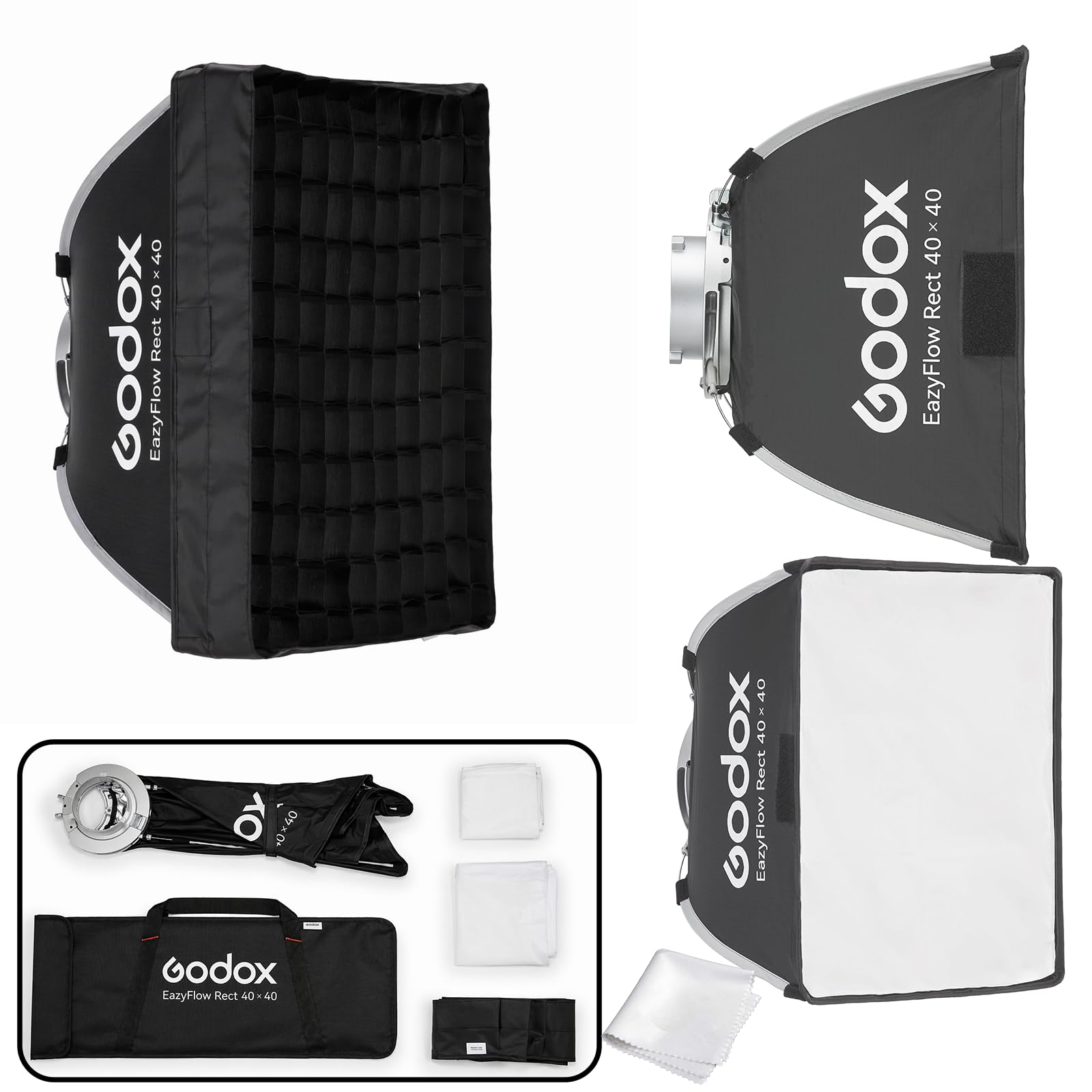 Godox EazyFlow Rect 40x40cm Softbox z Gridem i Mocowaniem Bowens | Szybko rozkładana konstrukcja parasolkowa z metalowym mocowaniem Bowens do fotografii produktowej.