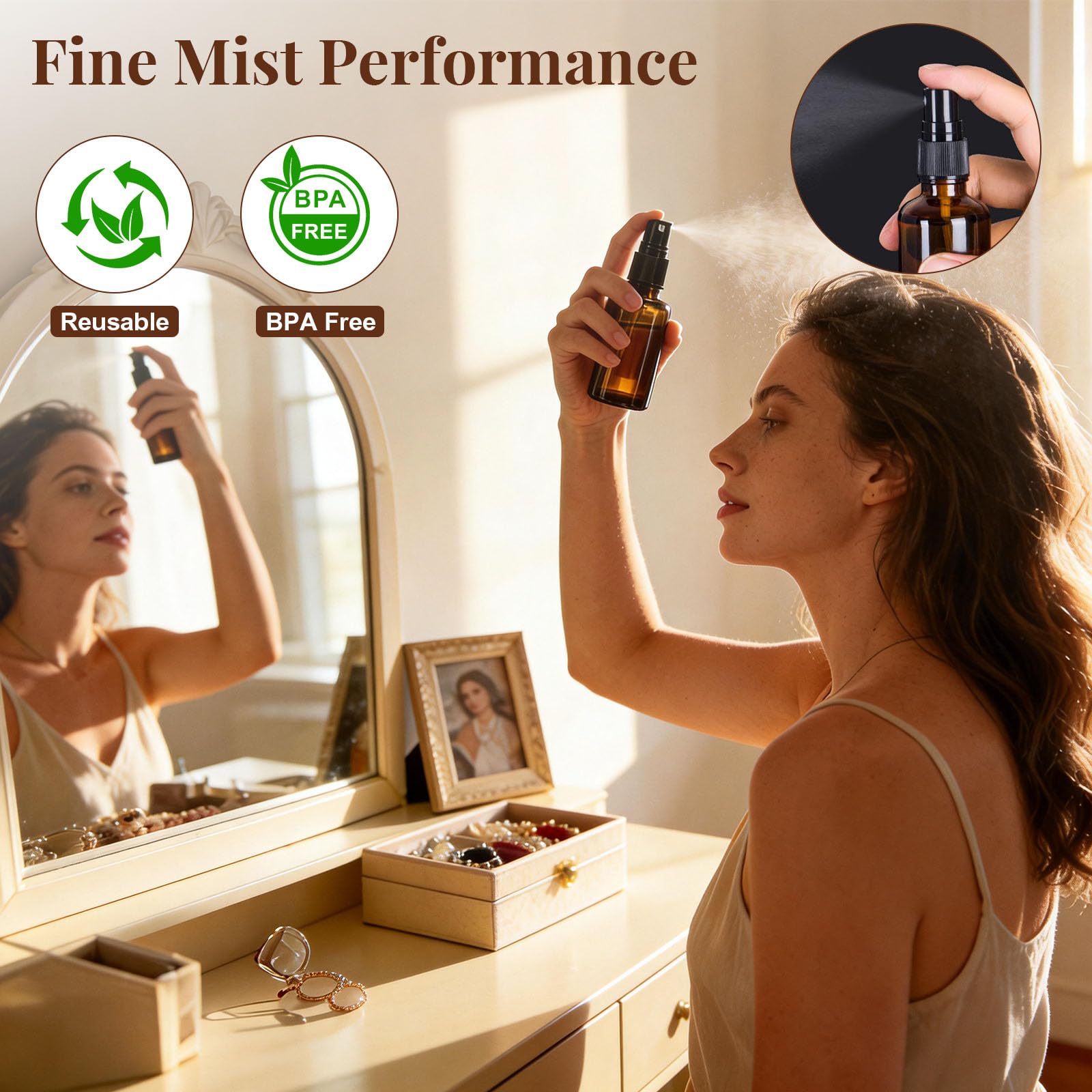 Tiusixsy 10 Stück Braunglas Sprühflasche 50ml, Sprühflasche Klein Glas mit Trichter und Tropfer, Zerstäuber für Ätherisches Öle, Parfüm, Kosmetik, Reinigung und Aromatherapie - 4