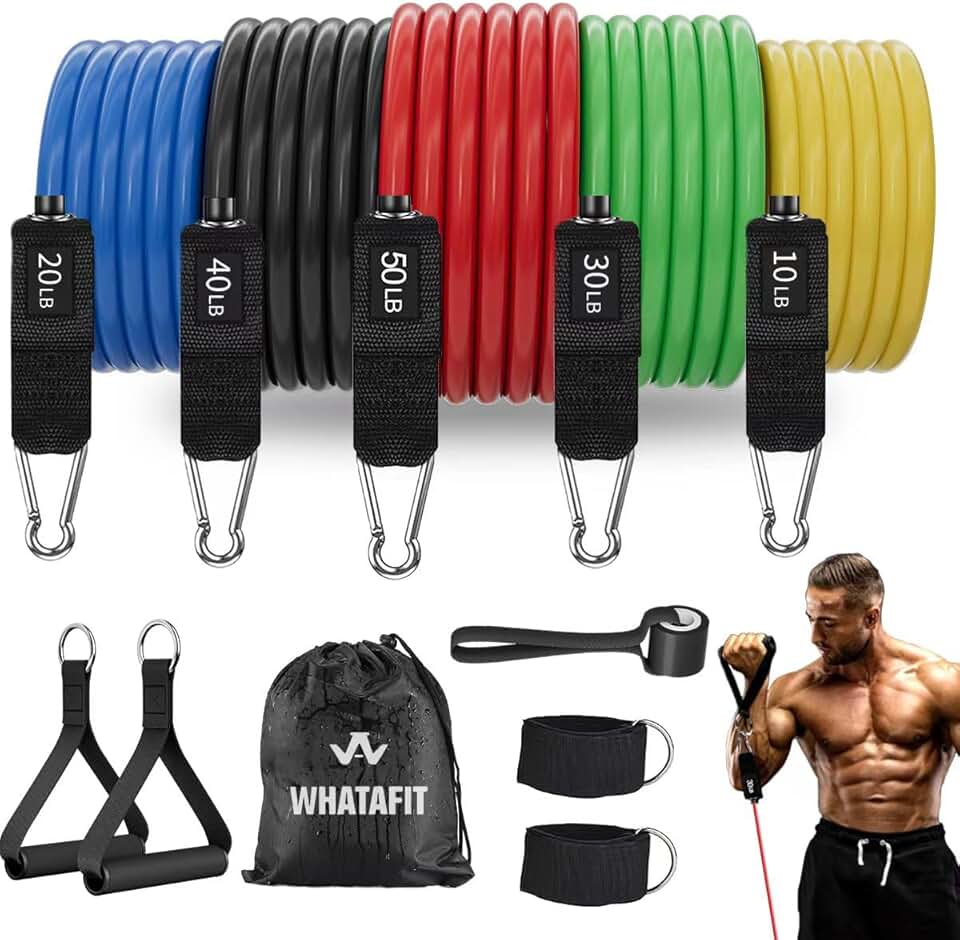 WHATAFIT Resistance Bands, Exercise Bands, Workout Bands with Handles, Door Anchor and Ankle Straps, 5 Resistance Levels Fitness Bands for Strength Training, Physical Therapy, and Home Gym Equipment Global Recycled Standard