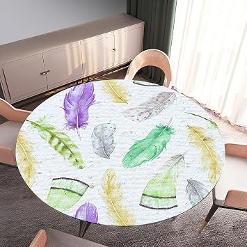 FANSU Round Tablecloth Waterproof Wipe Clean, Polyester Circular Tablecloths Fitted Elastic Edged, 3D feather Printing Stain Resistant Table Cover (Diameter 160cm,silver feather)