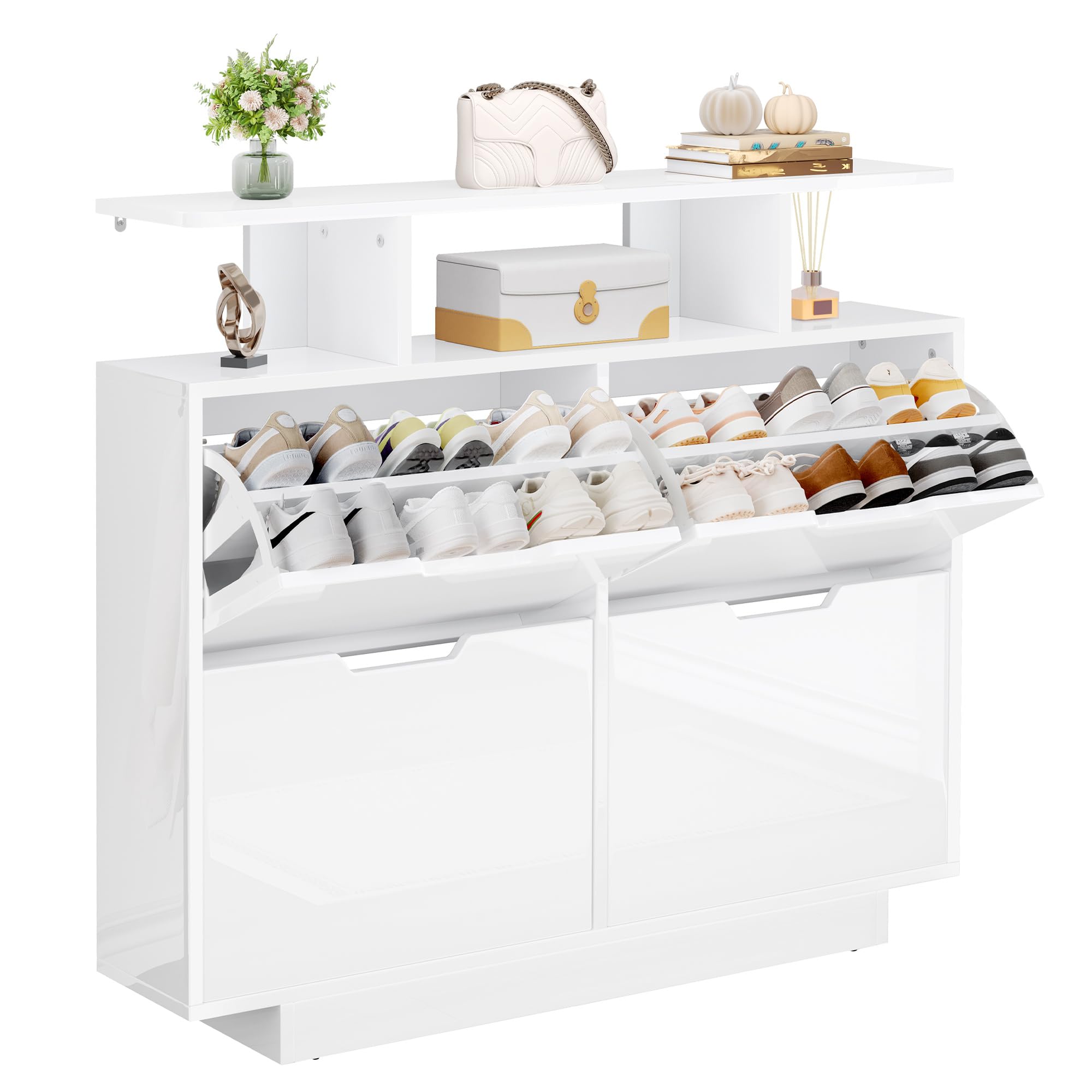 YITAHOME Schuhschrank Schmal Hochglanz mit 4 Klappen, 120 x 24 x 106 cm für 16-24 Paar, Schuhschrank Weiss, Schuhkipper, Schuhkommode im Flur, unterschiedliche Fachhöhen (37/43 cm), Platzsparend