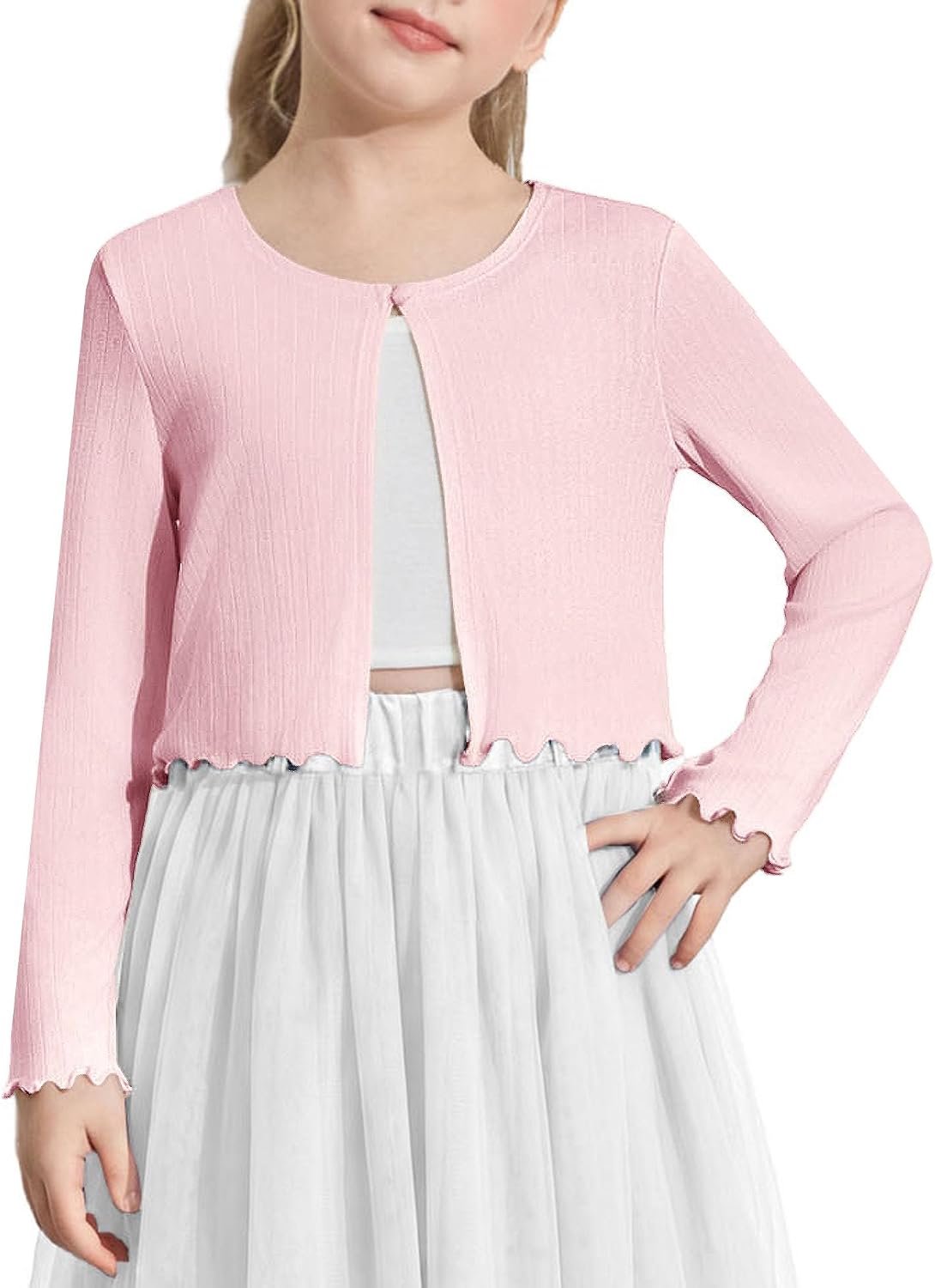 Arshiner Girls Ribbed Knit Bolero Cardigan Lettuce Trim Shrug Cropped Tops