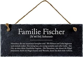 Casa Vivente Schiefertafel mit Gravur, Definition Familie, Personalisiert mit Namen, Türschild und Wanddeko, Mit Juteband, Maße: 25 x 0,5 x 10 cm