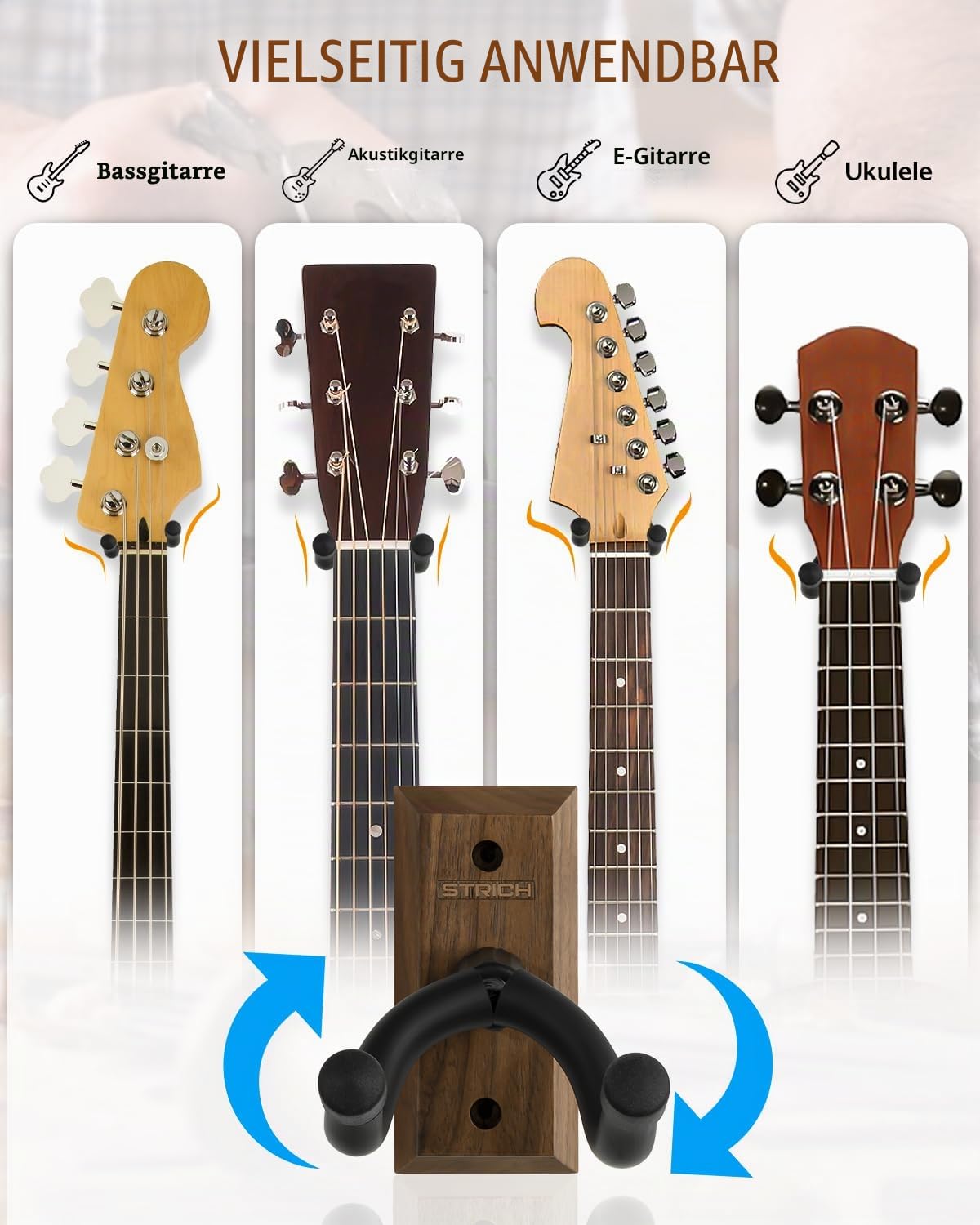 STRICH Gitarren-Wandhalterung, Walnuss-Holz-Gitarrenhaken, U-förmige Gitarren-Wandhalterung mit Schrauben, Gitarrenhalter-Wandhaken für Akustikgitarre, E-Gitarre, Banjo, Bass (3er-Pack)