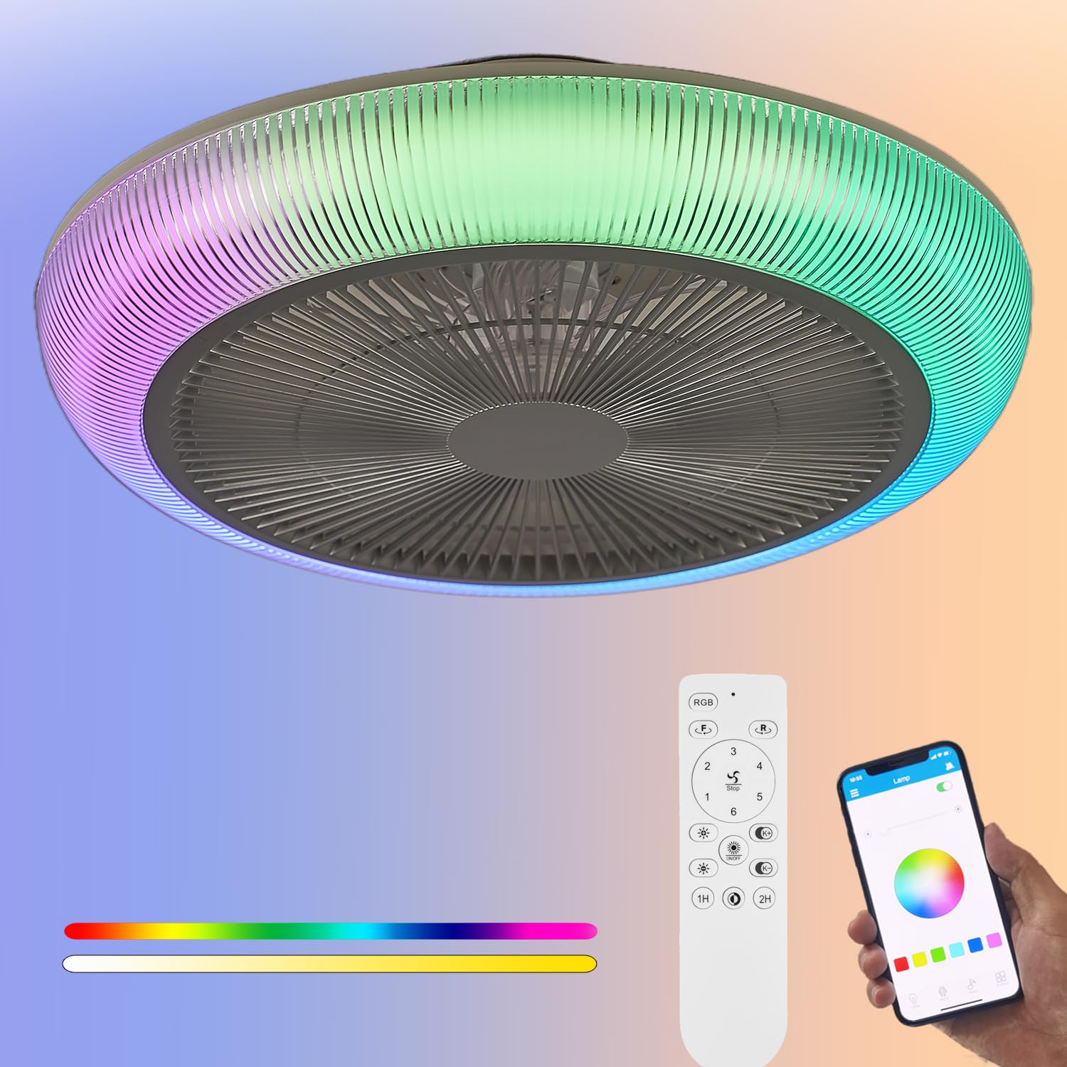 20" RGB Ceiling Fan with Lights with Remote Control, Low Profile Bladeless Ceiling Fans,Color Change,Enclosed Bladeless Ceiling Fan Light, 3 Color Dimmable and Reversible Fan Blades for Bedroom