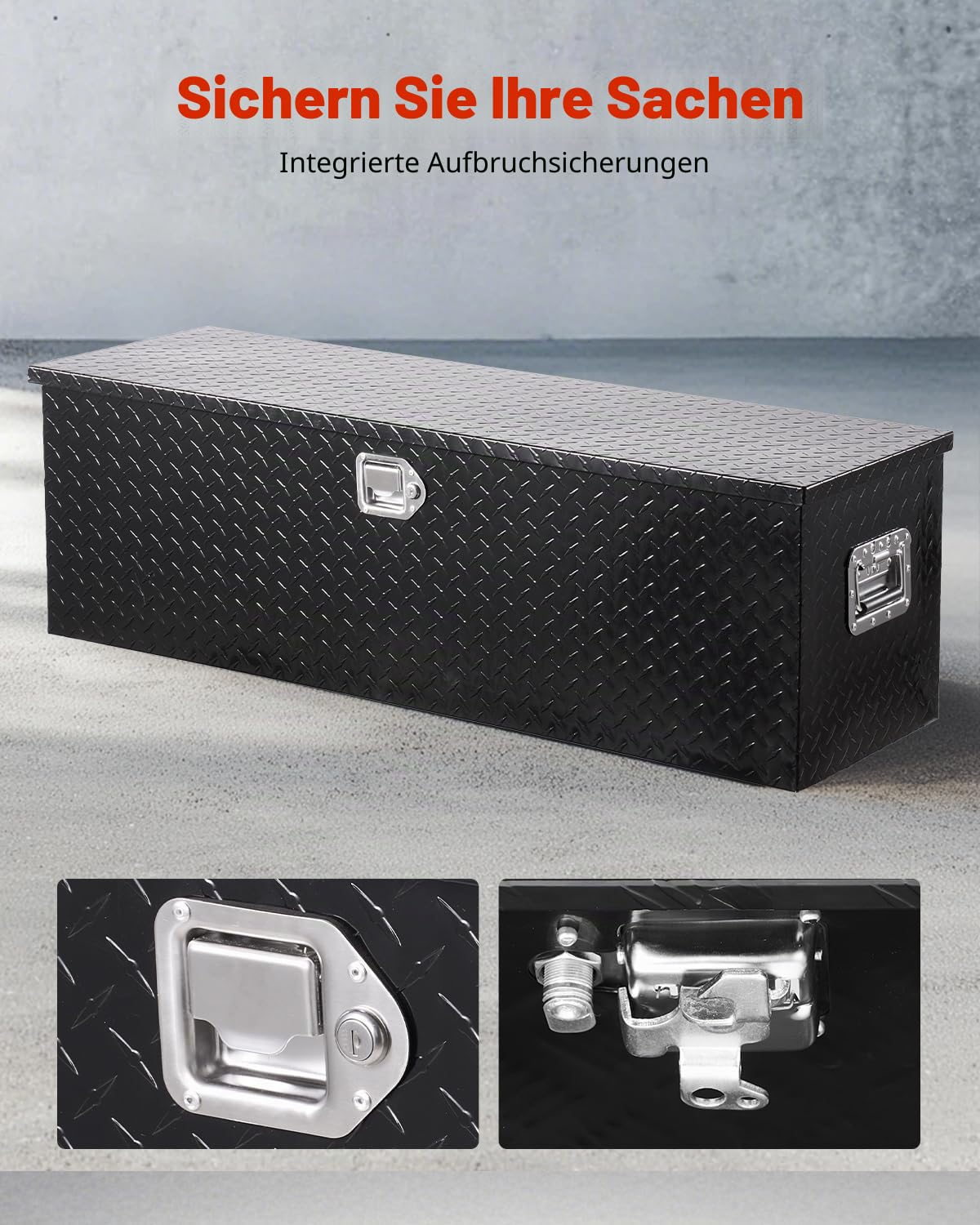 VEVOR Werkzeugkasten aus Aluminium für die Ladefläche mit seitlichem Griff und Schlossschlüsseln, Aufbewahrungs-Werkzeugkiste für Anhänger Pickup Wohnmobil (1244,6 x 381 x 381 mm) Schwarz