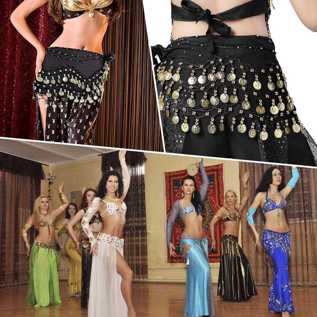 Cintura Monete Danza Del Ventre - Con 128 Monete, Sciarpa In Chiffon Nero - Foto 14