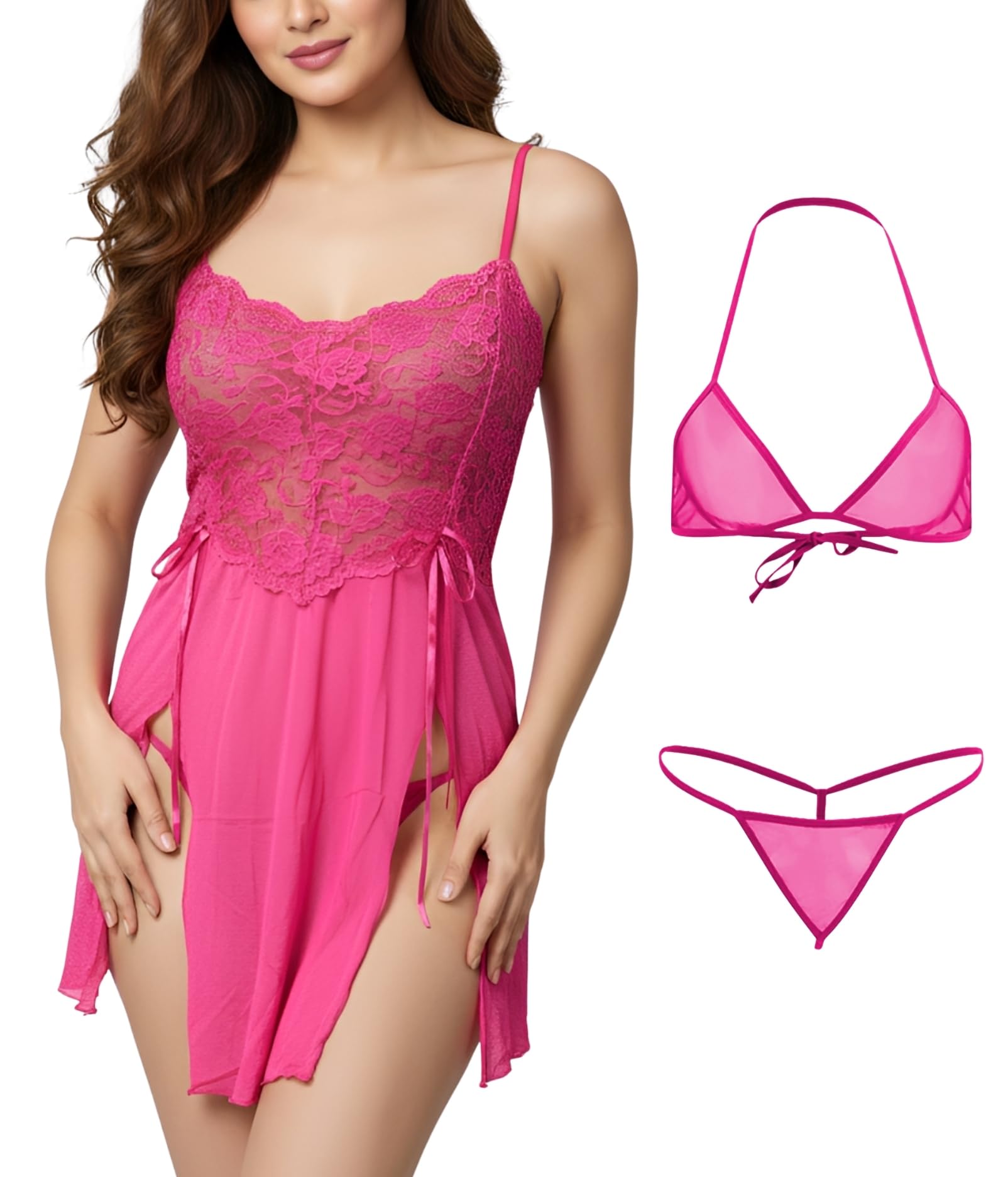 xs and os Combo of Women lace Babydoll Lingerie with Panty and Net Bikini Bra g-String Panty Lingerie Set-picture-34