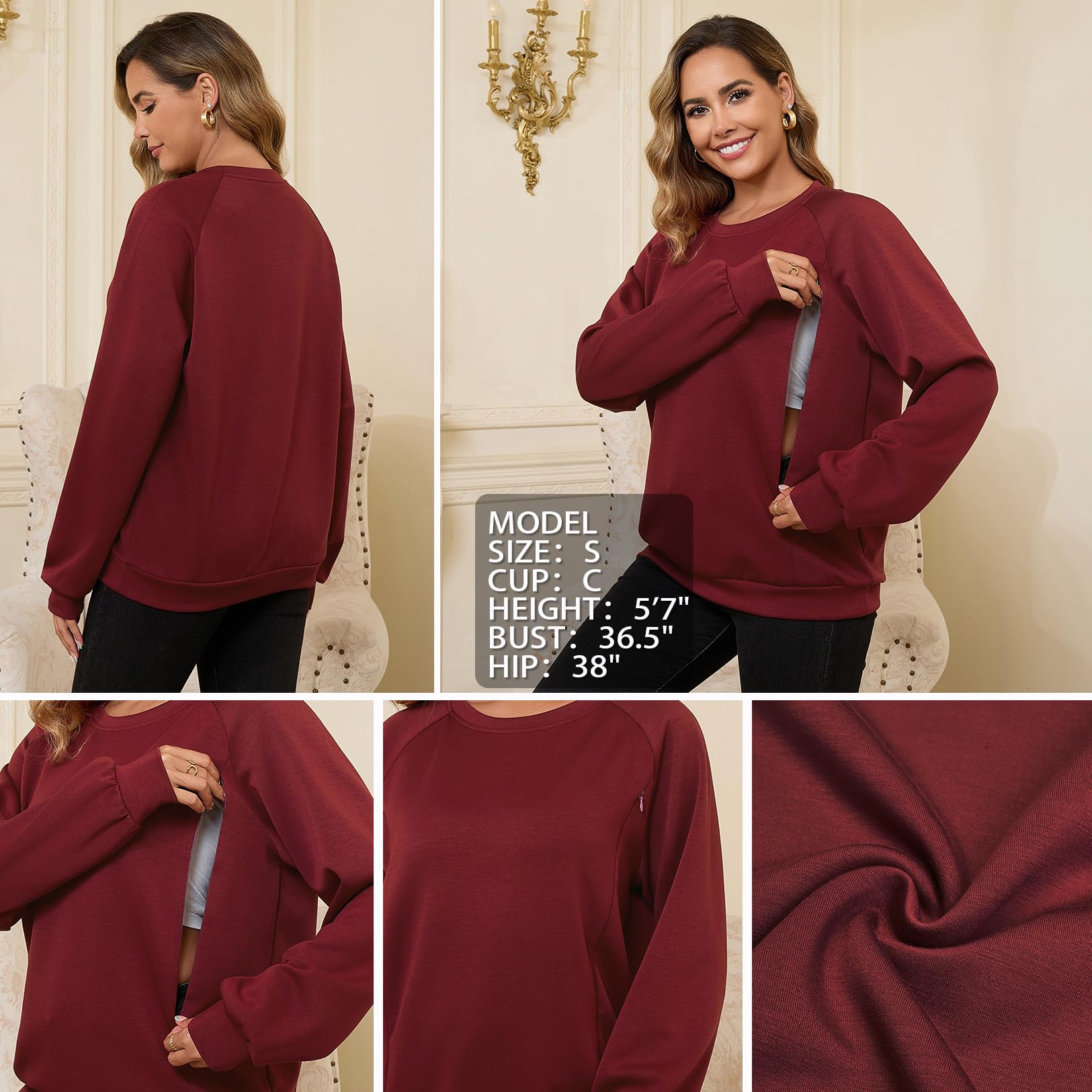 DEBELLY Stillfreundliches Sweatshirt für Damen, Doppelreißverschluss, langärmelig, Rundhalsausschnitt