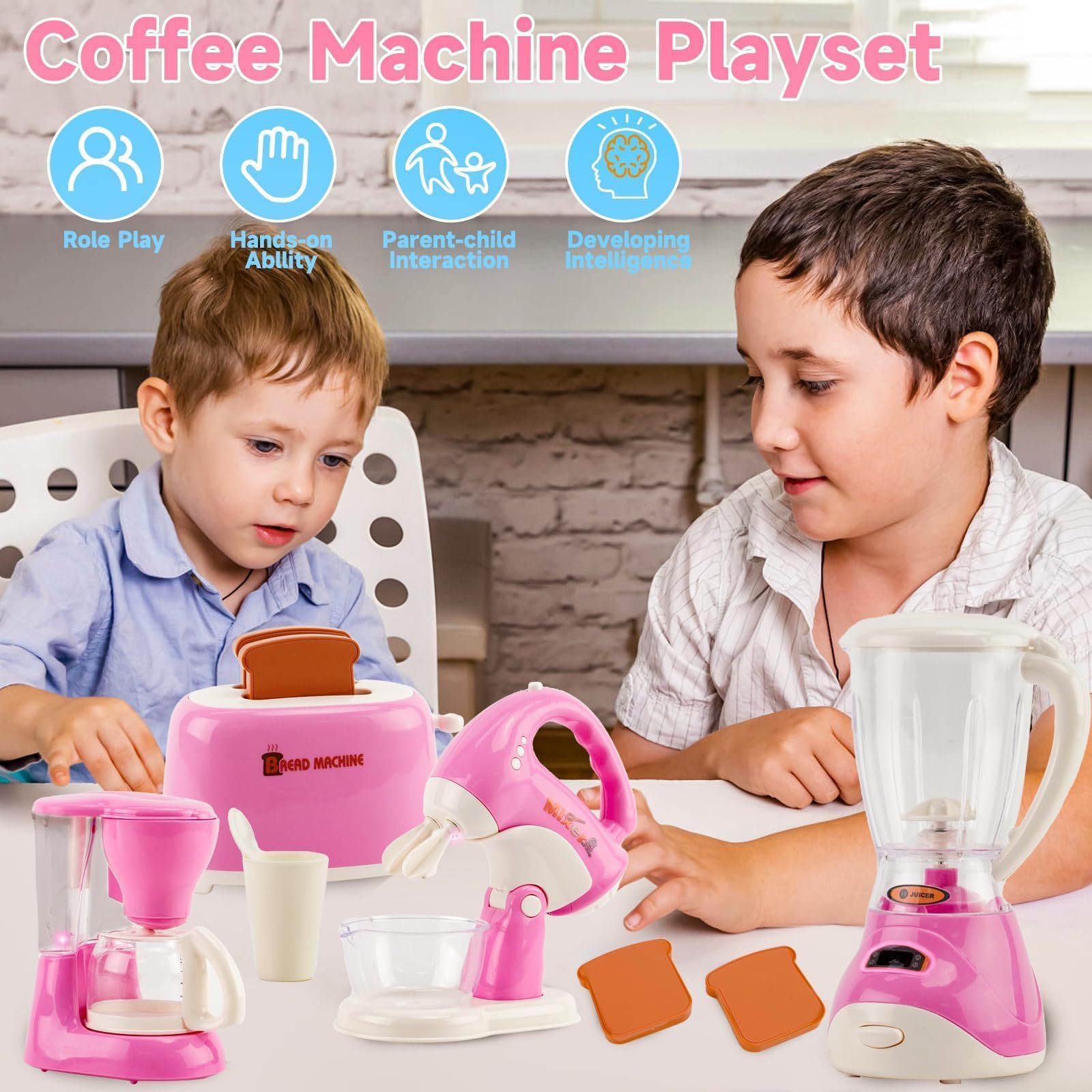 Juguetes de Cocina para Niños,con Tostadora Cafetera Batidora Exprimidor,Incluye Luces y Música,Juego de Desayuno Juguete para Juegos de rol,Apto para Niños y Niñas a Partir de 3 Años