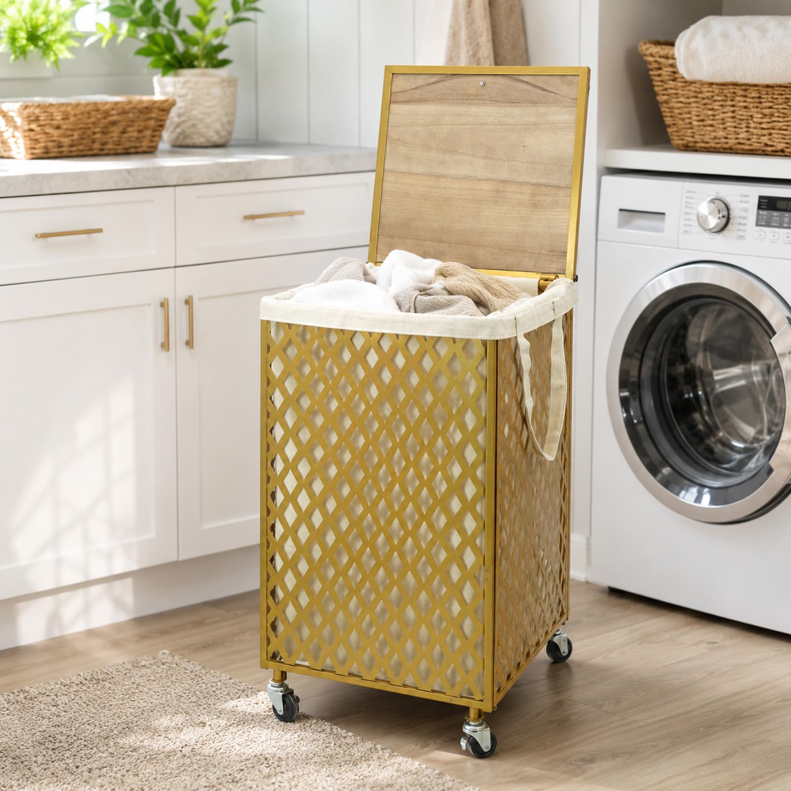 G-LEAF Wäschekorb mit Rollen, Metall Wäschesammler mit Holzdeckel & Wäschesack, für Badezimmer, Gold, 65 L (Rauten-Muster)