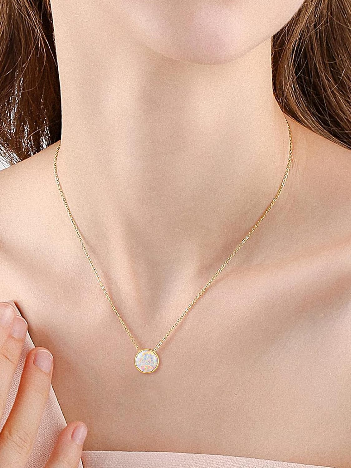 TANGPOET Dainty 8mm Opal Necklace for Women 925 Sterling Silver Circle Pendant Necklace Lab Created Opal Jewelry Gift for Birthday with 18"+2" Chain - Image 2